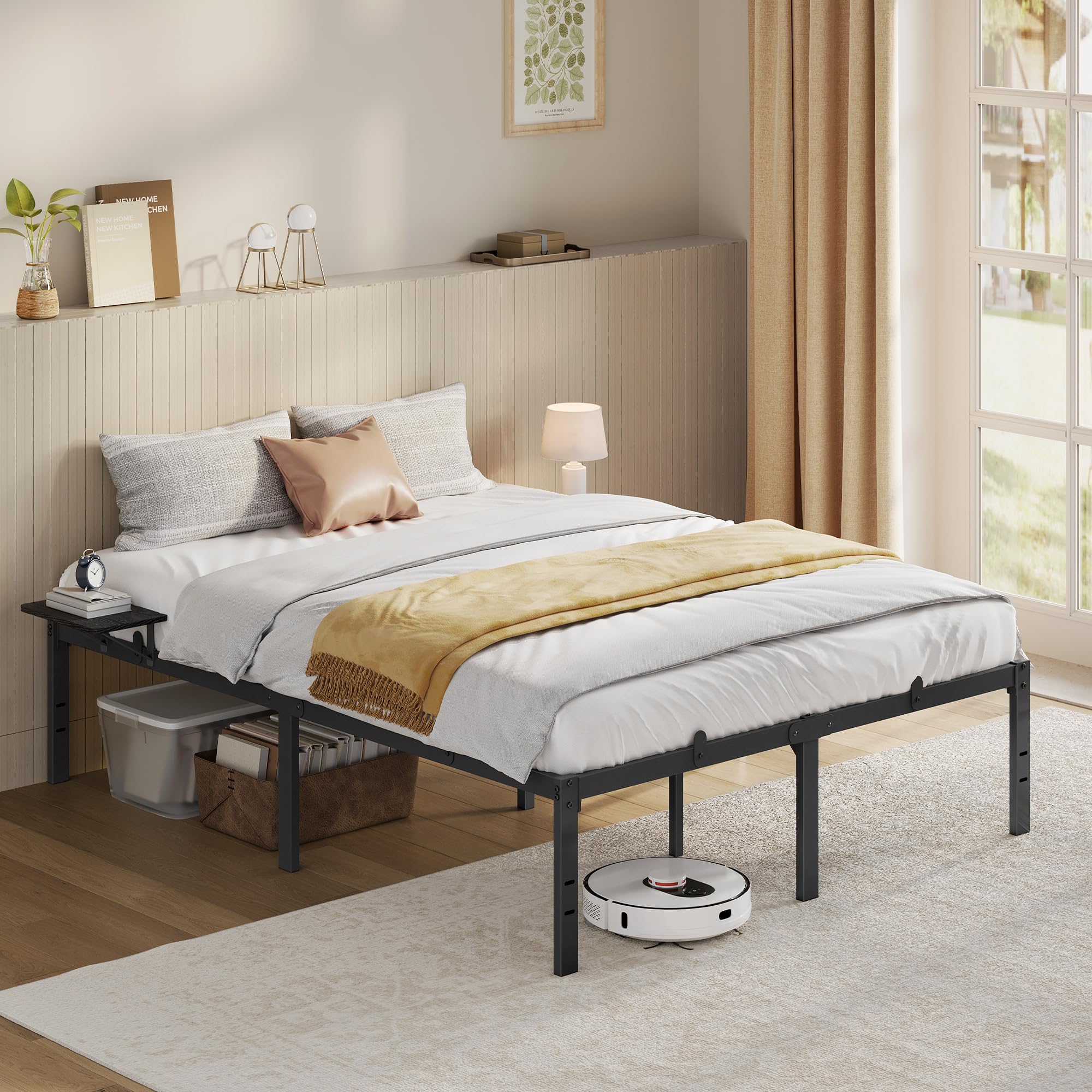 VASAGLE Bett 140 x 200 cm, Gästebett mit Aufbewahrungsregalen, Doppelbett, Bettgestell aus Metall, Bettrahmen, Metallbett, einfache Montage, klassikschwarz RMB094B01