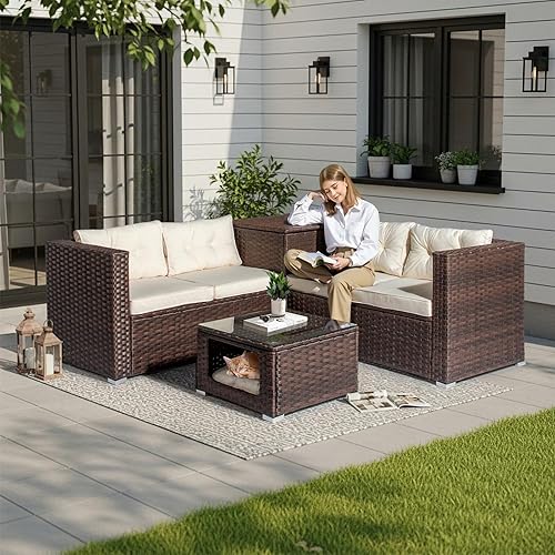 Miniatura 9 de Outvita Juego de 4 muebles de patio al aire libre, juego de sofá de conversación de ratán de polietileno, muebles exteriores de mimbre para todo