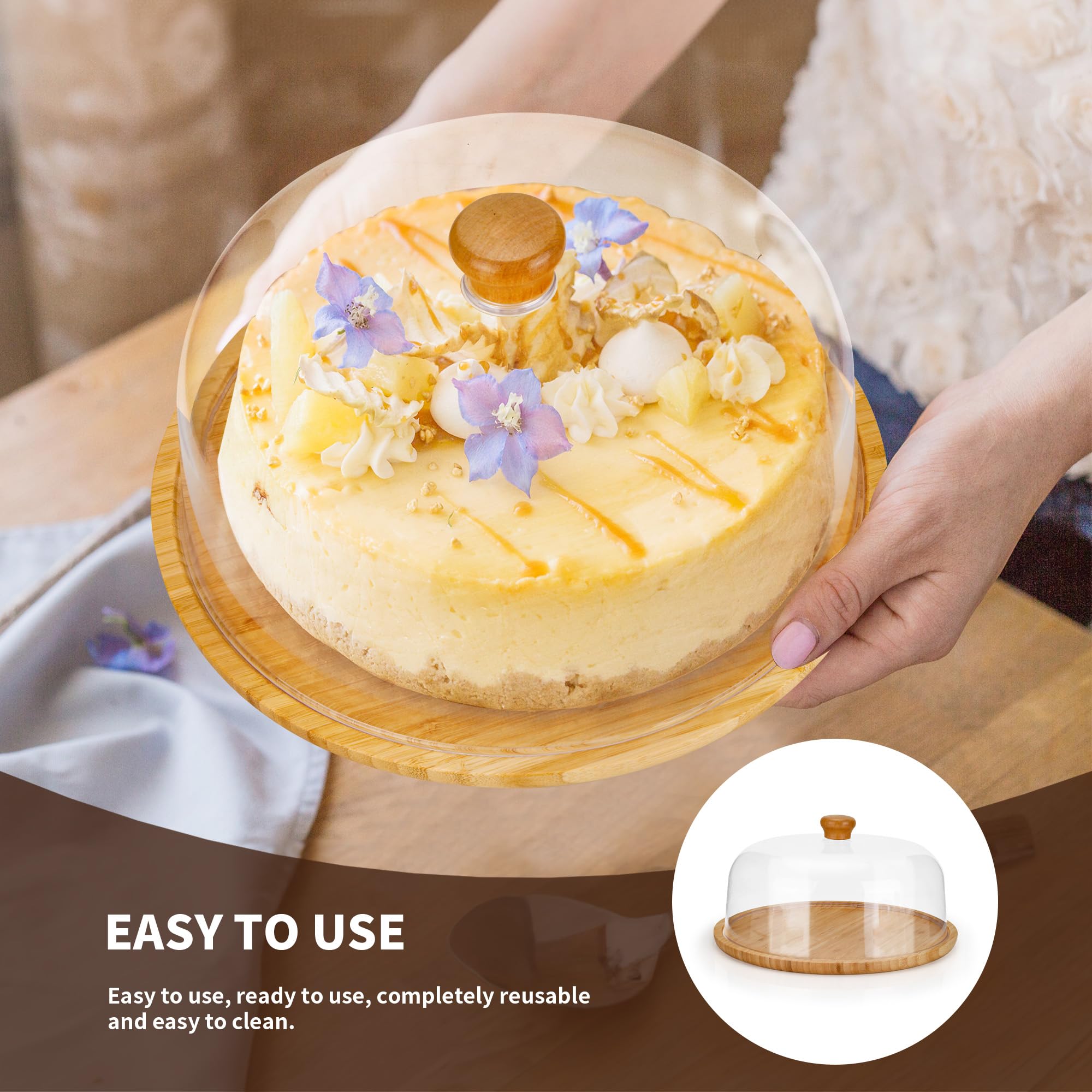 Soporte para tartas de 11 pulgadas con tapa de cúpula, cúpula transparente para tartas, placa redonda de madera con cubierta para aniversario, cumpleaños, boda, fiesta