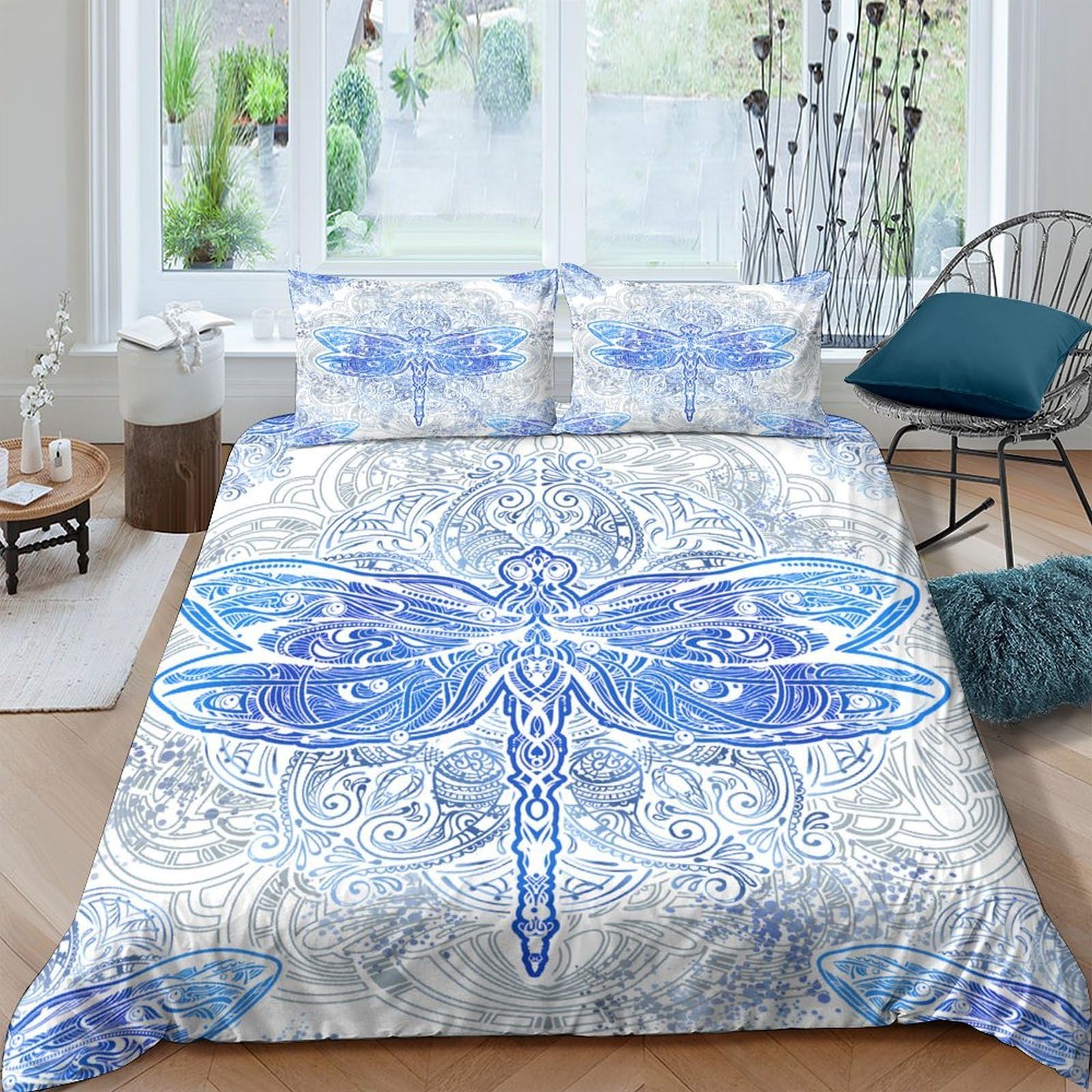 GPLZQXKJNH 3D Printed Blue Dragonfly Duvet Cover Microfiber Soft Breathable Mandala Bedding Set with 2 Pillowcases for Bedroom Decor Single（135x200cm）