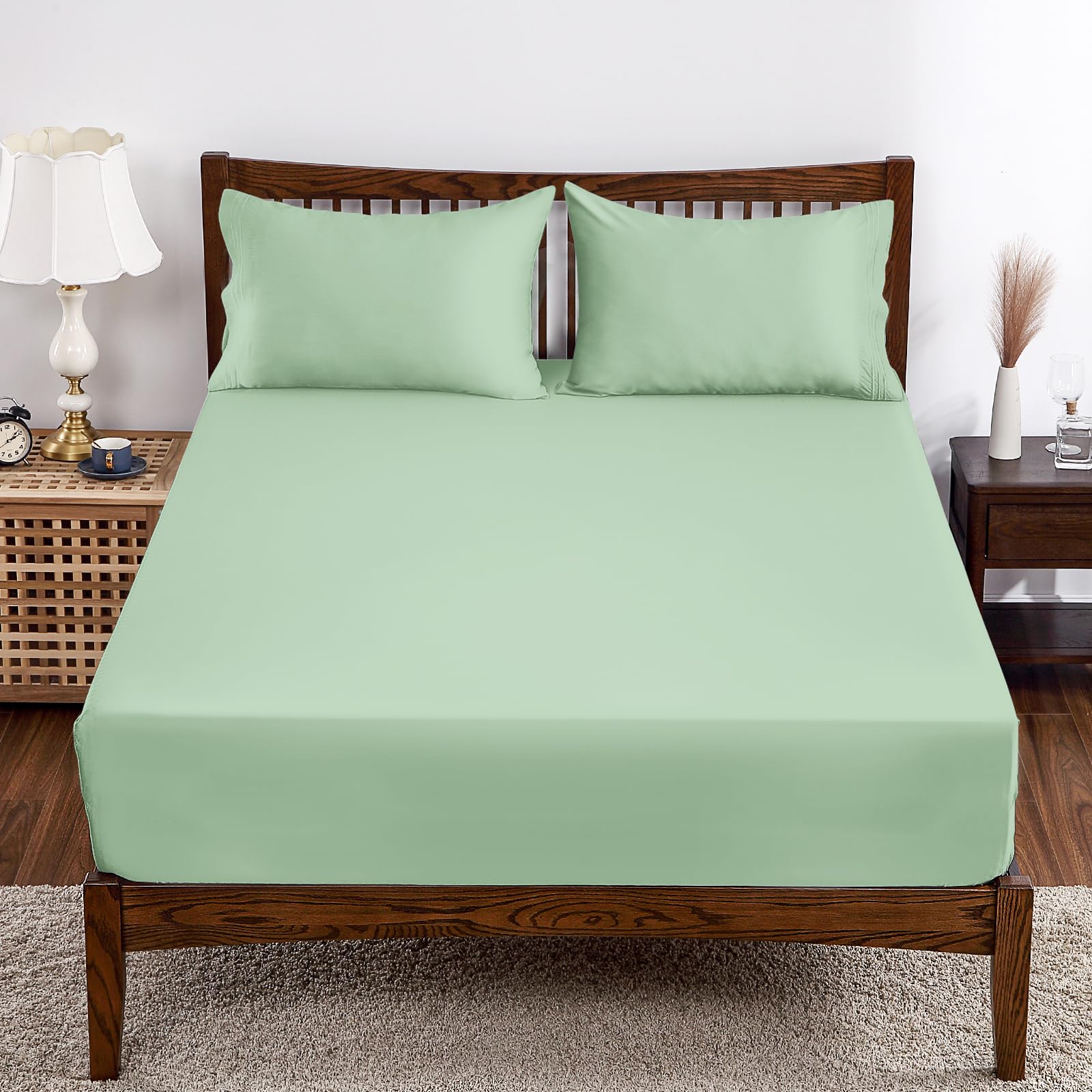 Bamboo Viscose Fitted Sheet 1 Pack Twin Size Only,400 Thread Count,8-16" Deep Pocket,Bottom Sheet Colorfast Soft &amp; Silky &amp; Breathable(1 Fitted Sheet Only, Sage Green, Twin)