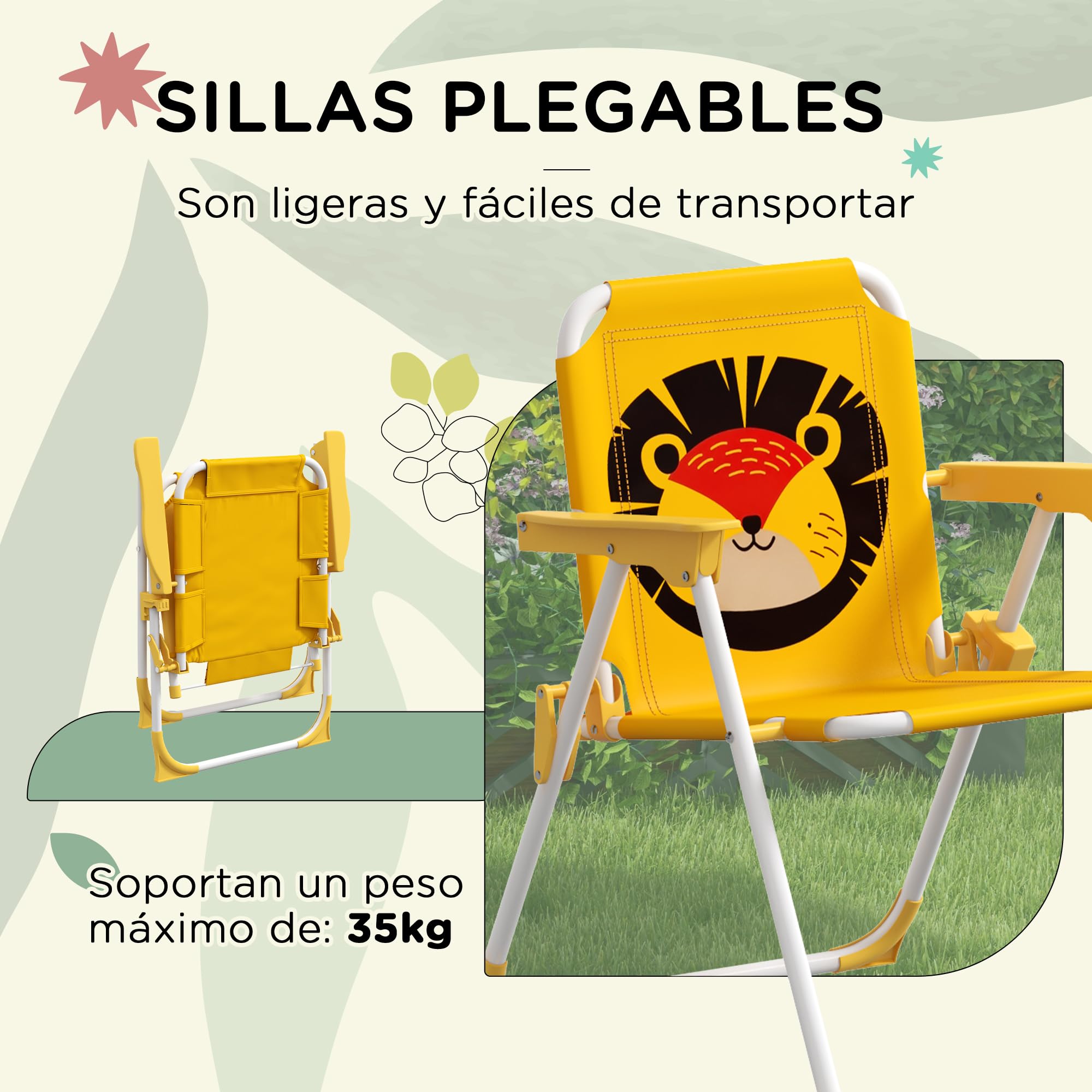 Outsunny Conjunto de Mesa y Sillas para Exterior Infantil Set de 2 Sillas Plegables y Mesa para Niños Mesa con Sombrilla Ajustable en Altura Temática de León para Jardín Patio Amarillo y Marrón