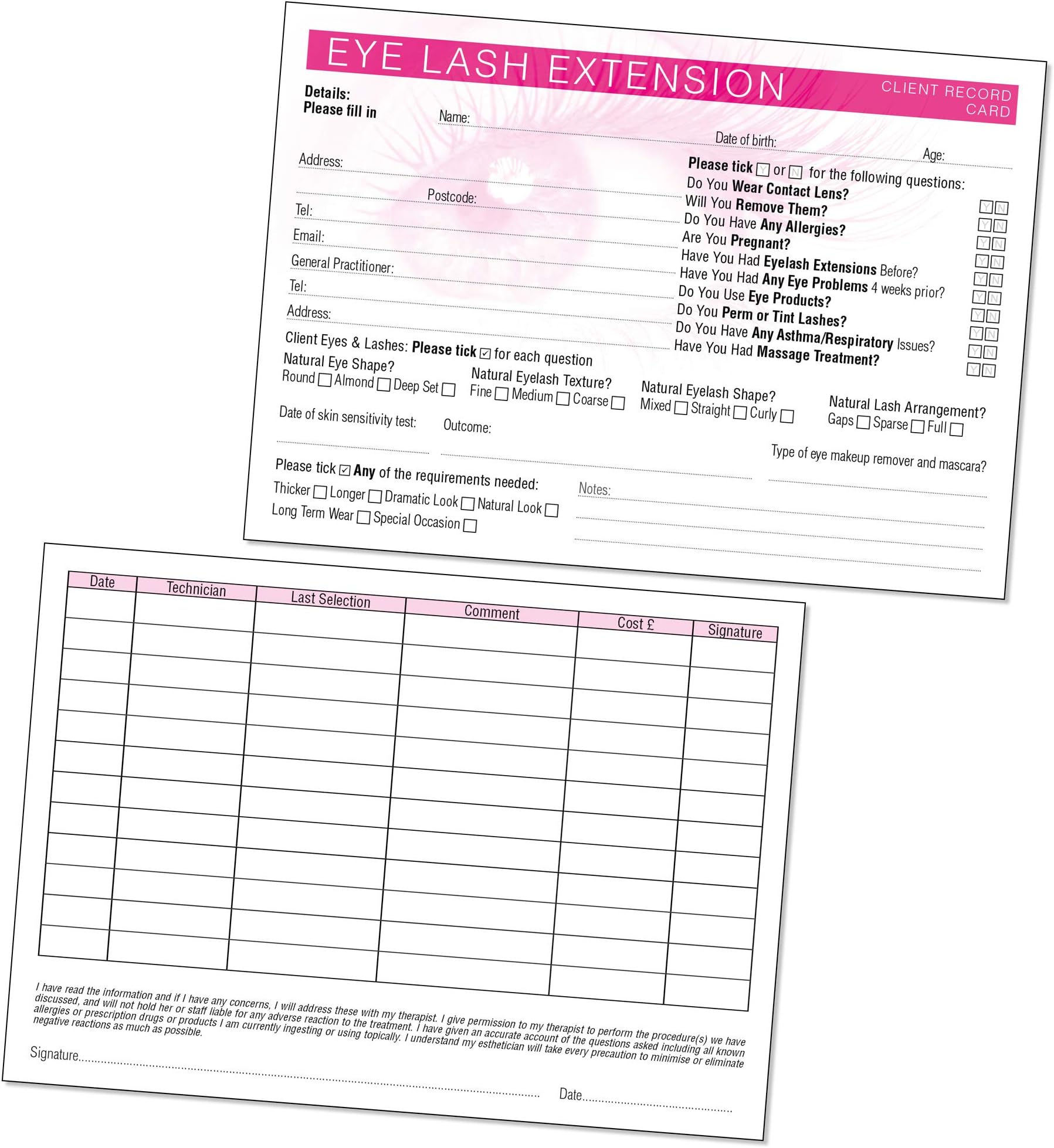 Eyelash Extension Client Record Card - Treatment Consultation Form for Mobile Therapists & Salons A5 Pack of 50 - Landscape