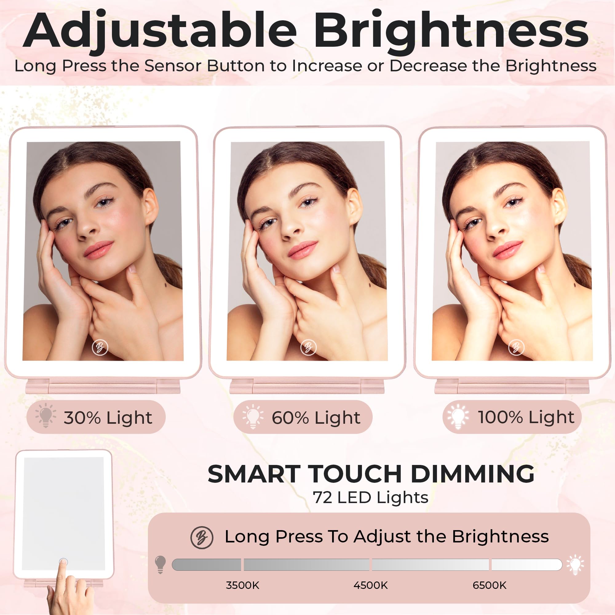 Reise-Make-up-Spiegel mit Lichtern – Rotgold, wiederaufladbarer LED-Leucht-Spiegel für Make-up mit 1X/3X/5X Vergrößerung – dimmbar, 3 Farben Beleuchtung, Touchscreen, tragbarer Spiegel mit