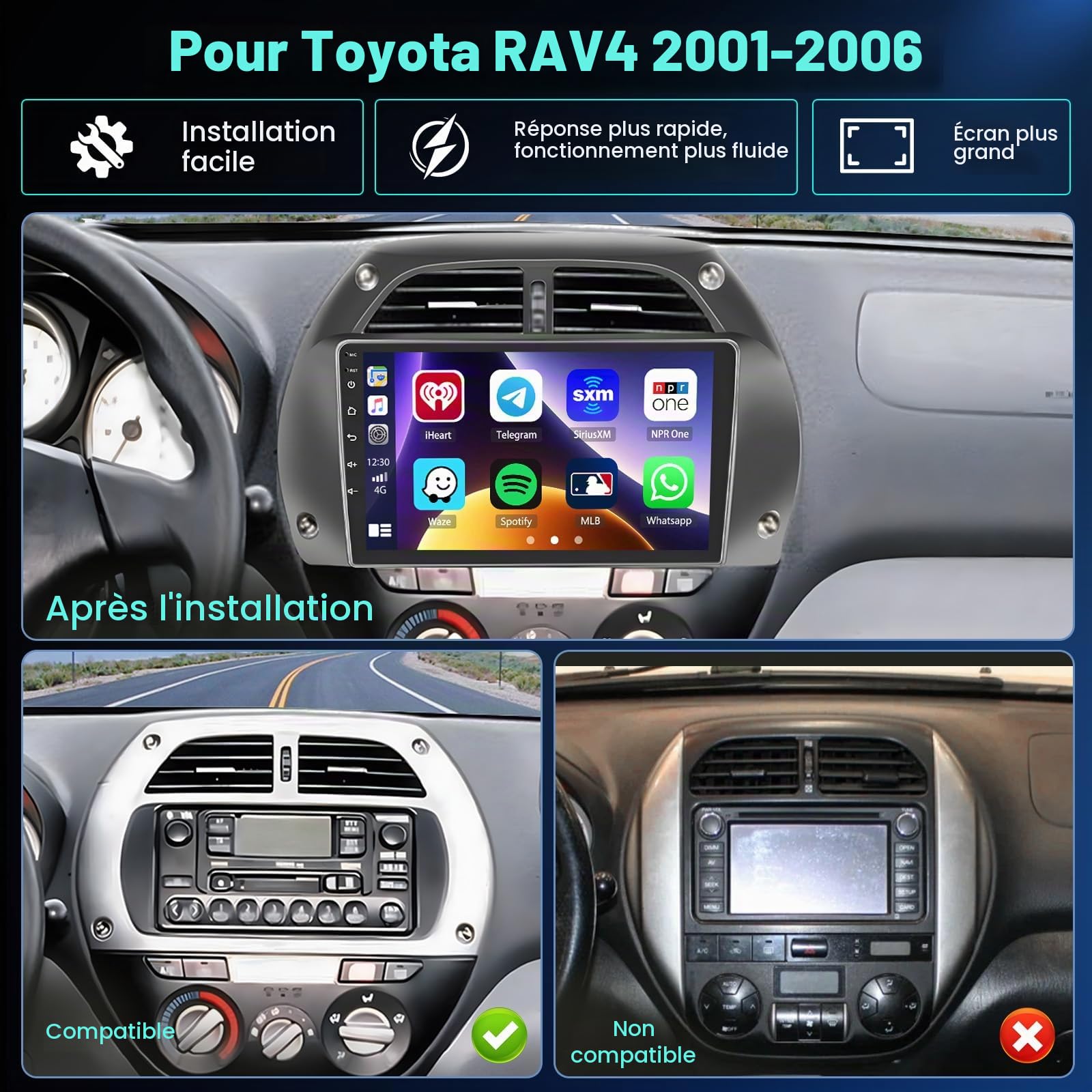 Hikity 4+64G 9" Autoradio Android pour Toyota RAV4 2001-2006