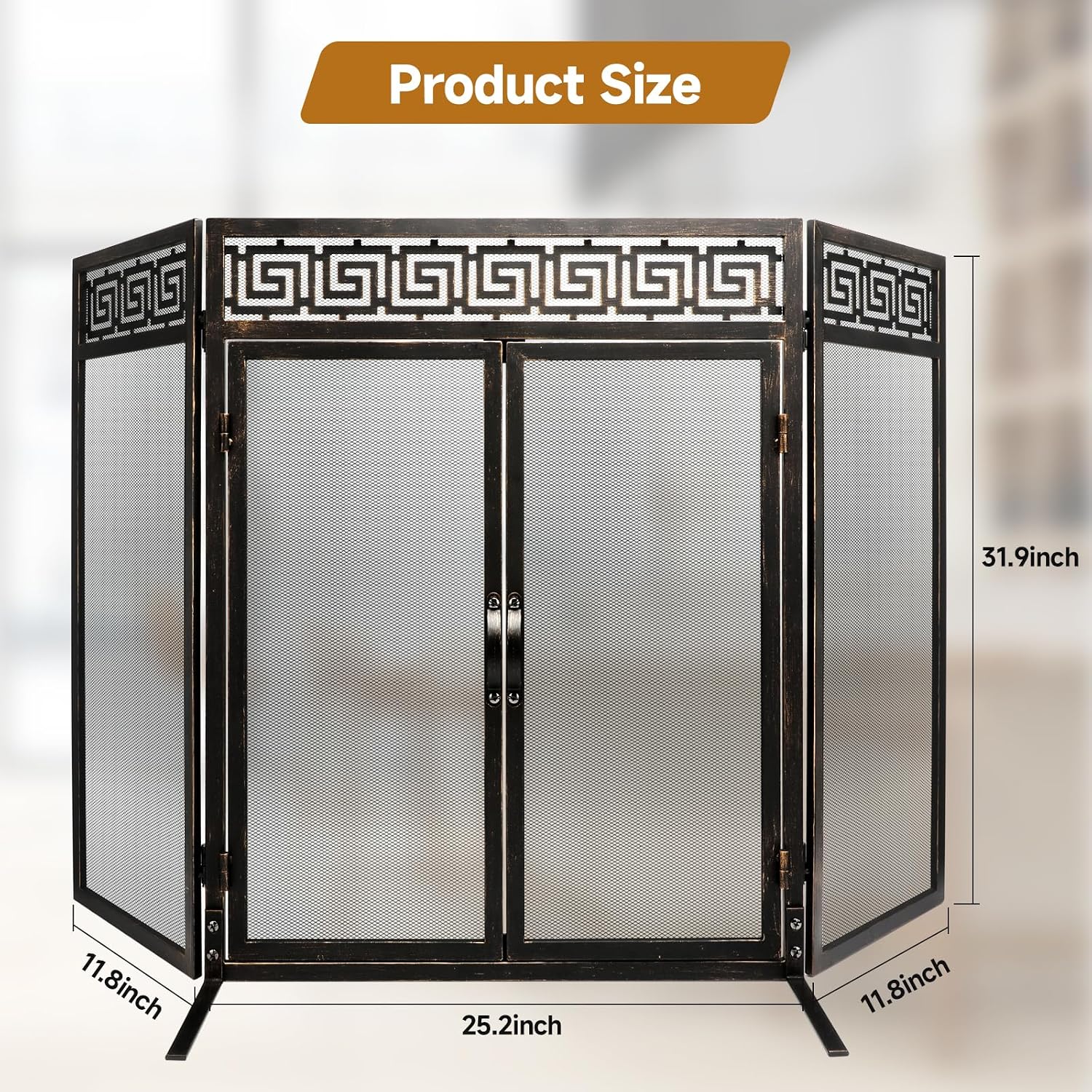 Fireplace Screen 3 Panel Extra Large with Magnetic Doors, Nouetele fire Place Screen Stand Alone for Living Room and Outdoor Fireplace Use