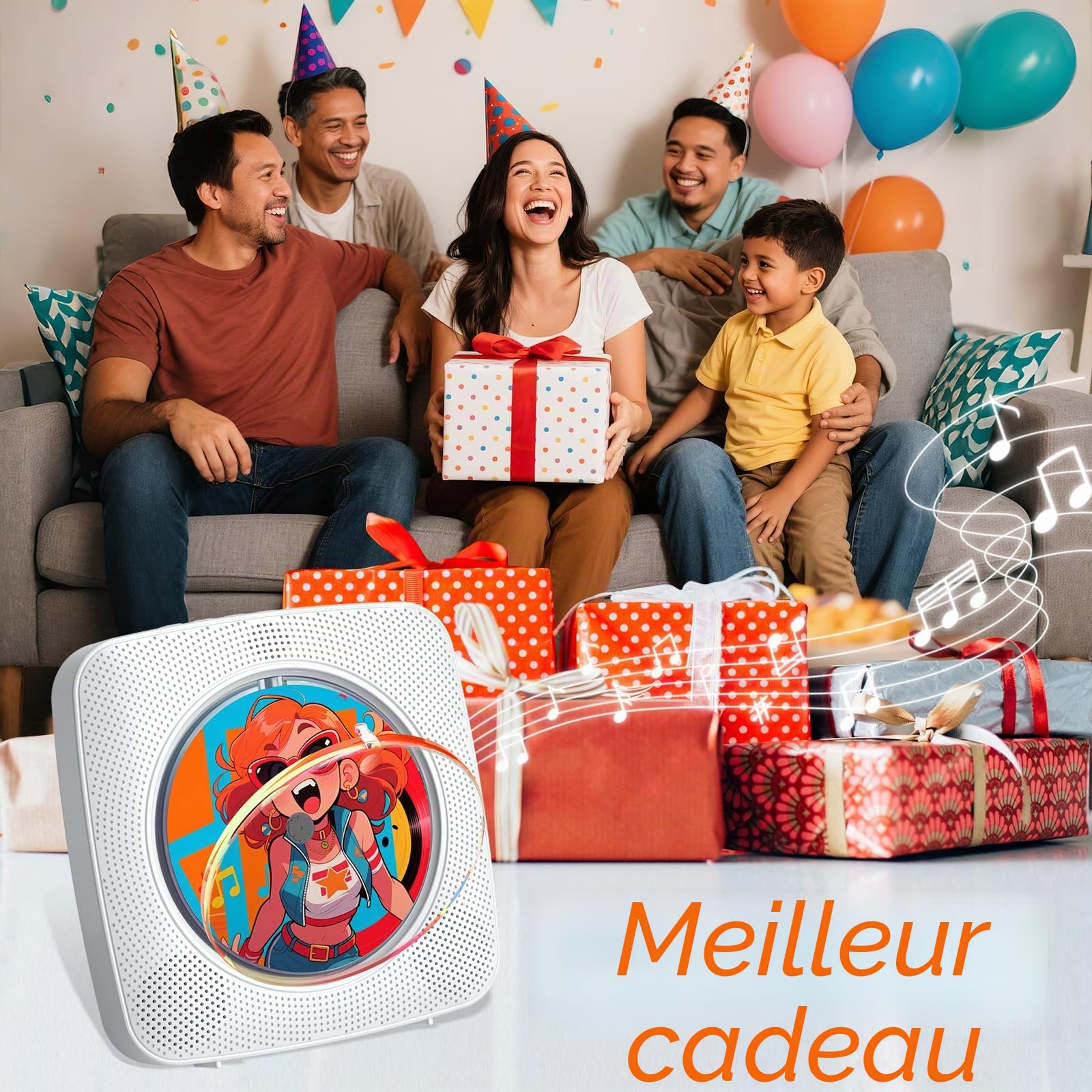 Gueray Lecteur CD Portable Enfant : Lecteurs CD Bluetooth pour la Maison avec Haut-parleurs Batterie 1800 mAh Télécommande Couvercle Anti-poussière Amovible Lecteur CD Mural avec Radio USB AUX Blanc