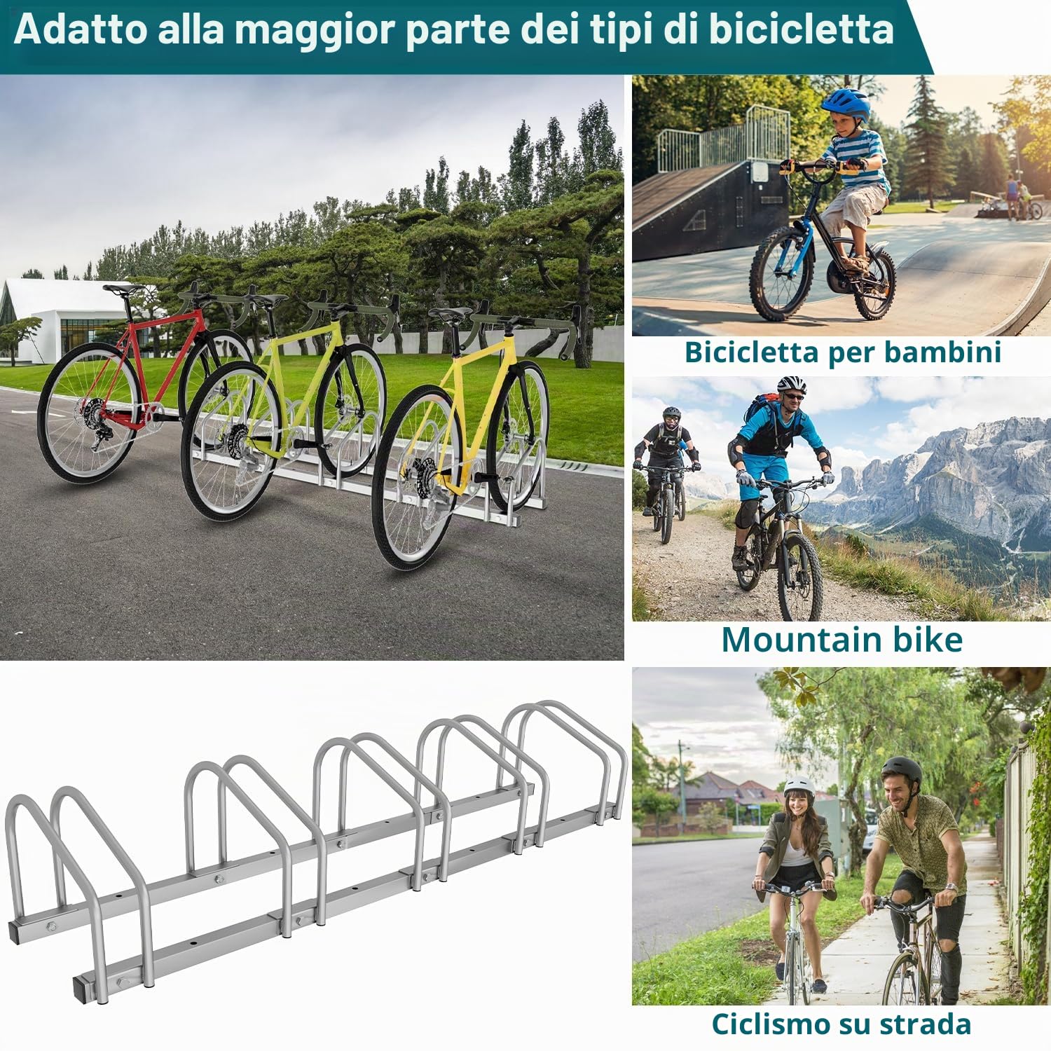 Sonnewelt Portabici per 5 biciclette, 35 – 55 mm, supporto per bicicletta, montaggio semplice, in acciaio zincato, 130 x 32 x 26 cm (argento)
