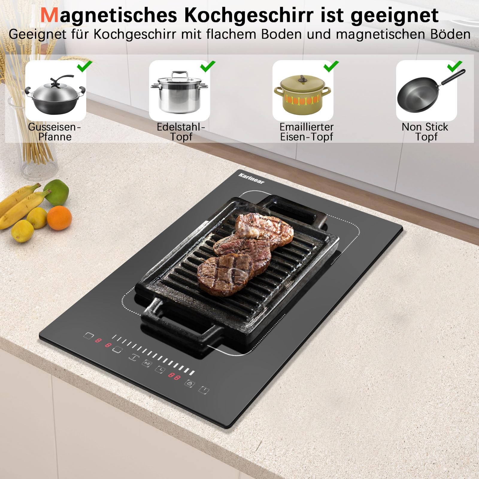 Karinear Induktionskochfeld 2 Platten Einbau,Flexzonen mit Stecker, 3500W | Mobiles Induktion Kochfeld 2 Platten Freistehend, Touch-Bedienung, 9 Leistungsstufen, Timer, Kinderverriegelung, 220V