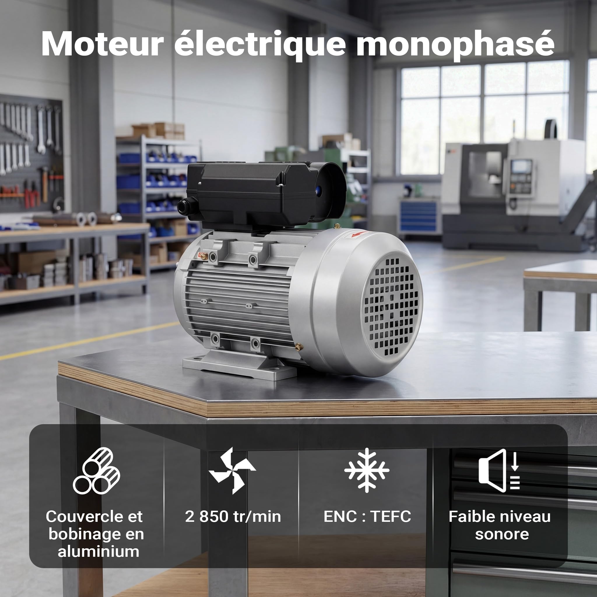 Wiltec Moteur électrique monophasé 2 pôles – 230 V, 2,2 kW (3 CV), 2850 tr/min – avec Condensateur de démarrage et Bobinage en aluminium – Moteur asynchrone