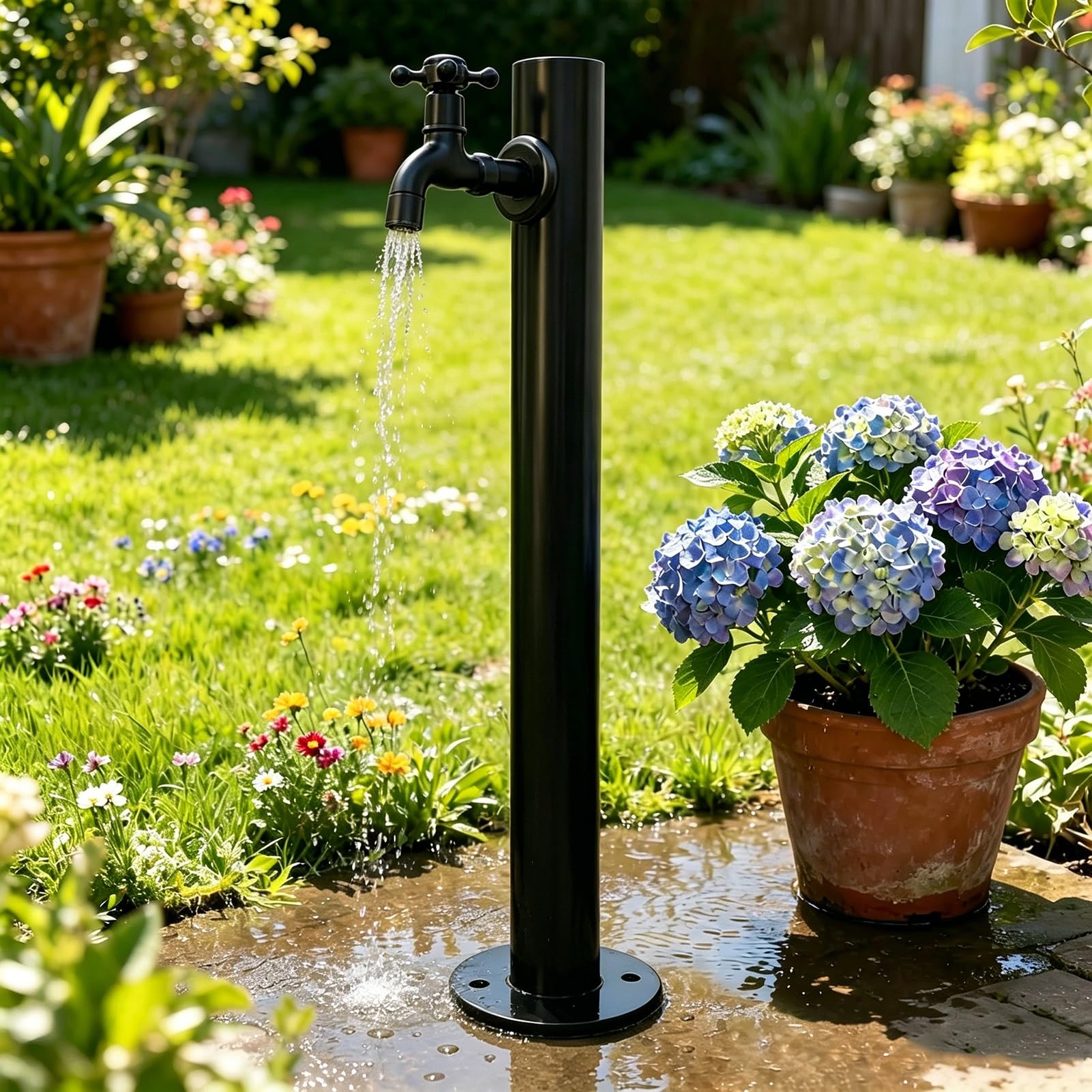 Stainless Steel Cylindrical Garden Water Column, Black Vertical Freestanding Spigot, Outdoor Antifreeze Faucet Water Dispenser Hydrant for Courtyard Villa Poolside