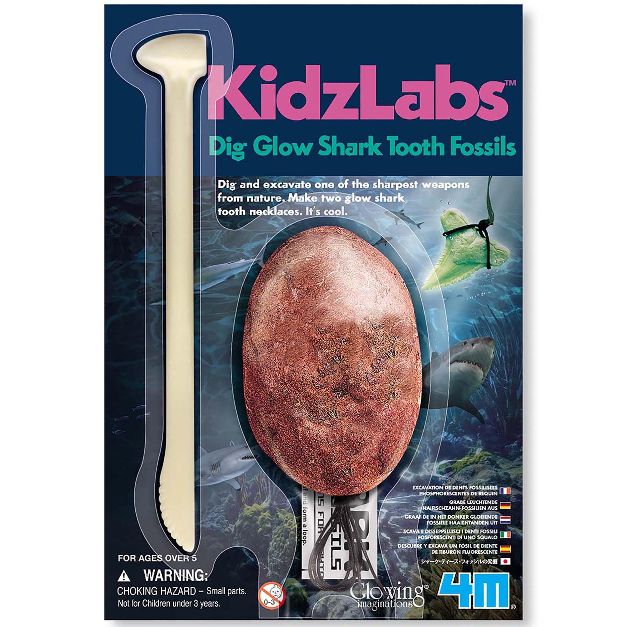 4M: KidzLabs: Dig Glow Shark Tooth Fossils - Dig & Excavate, Make 2 Glow-in-The Dark Tooth Necklaces, Science & Jewelry Making Craft Kit, Kids Ages 5+