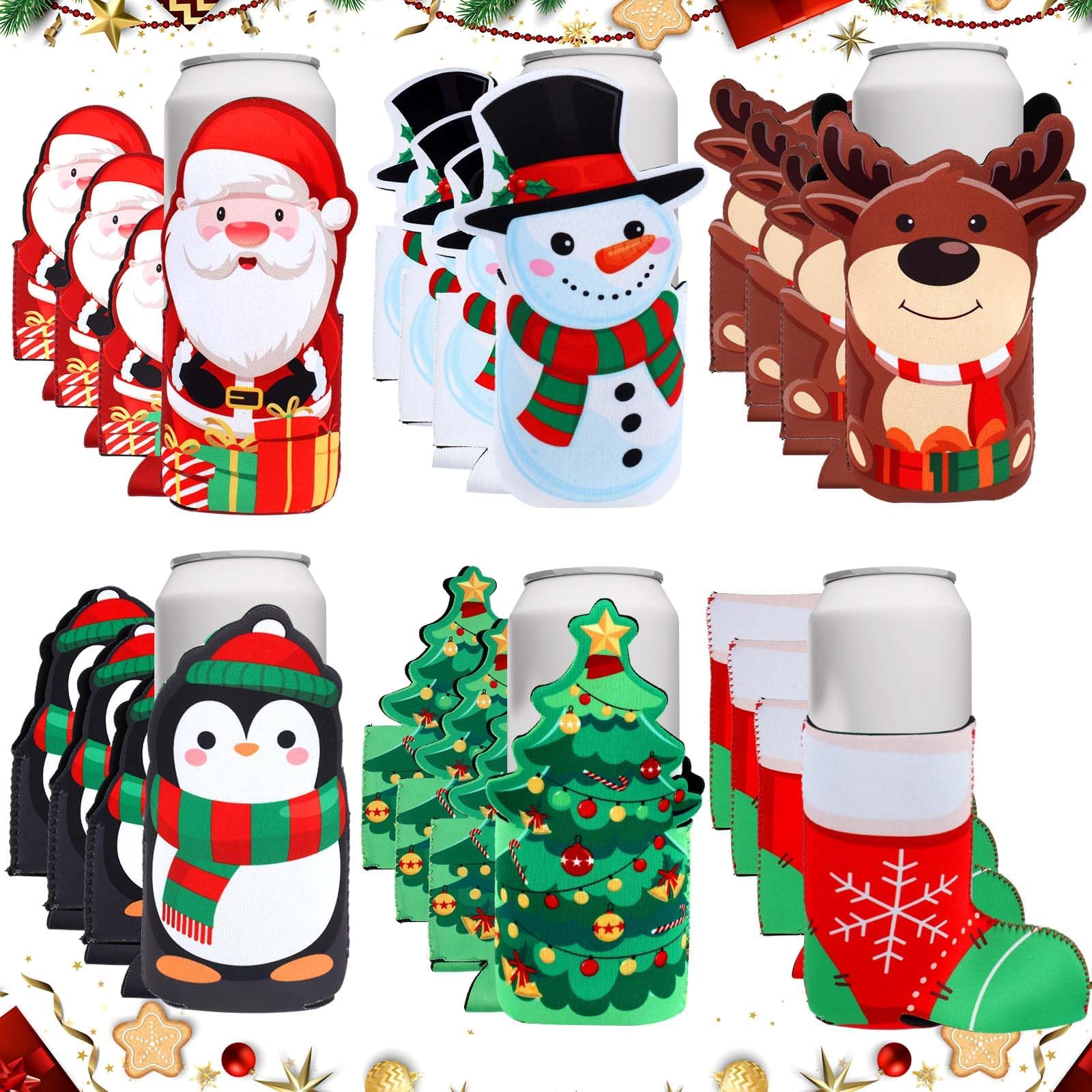 Ziliny 24 Pcs Christmas Beer Can Cooler Sleeves 12oz-16oz Cute Can Sleeves Xmas Soda Beer Can Sleeves Reusable Insulated Covers Collapsible for Christmas Holiday Party Decorations Supplies Favors