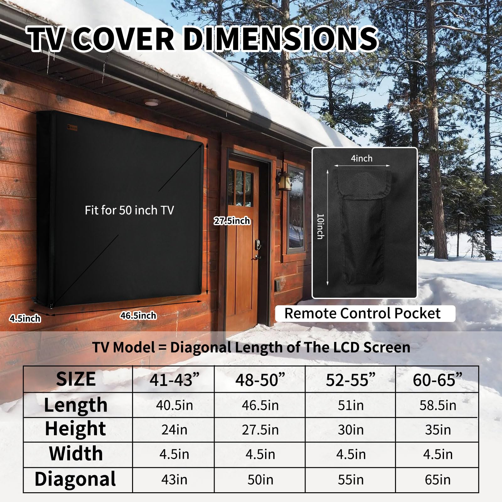 Funda de TV al aire libre para invierno, 48-50 pulgadas, forro de fieltro, cremallera impermeable, parte inferior de velcro