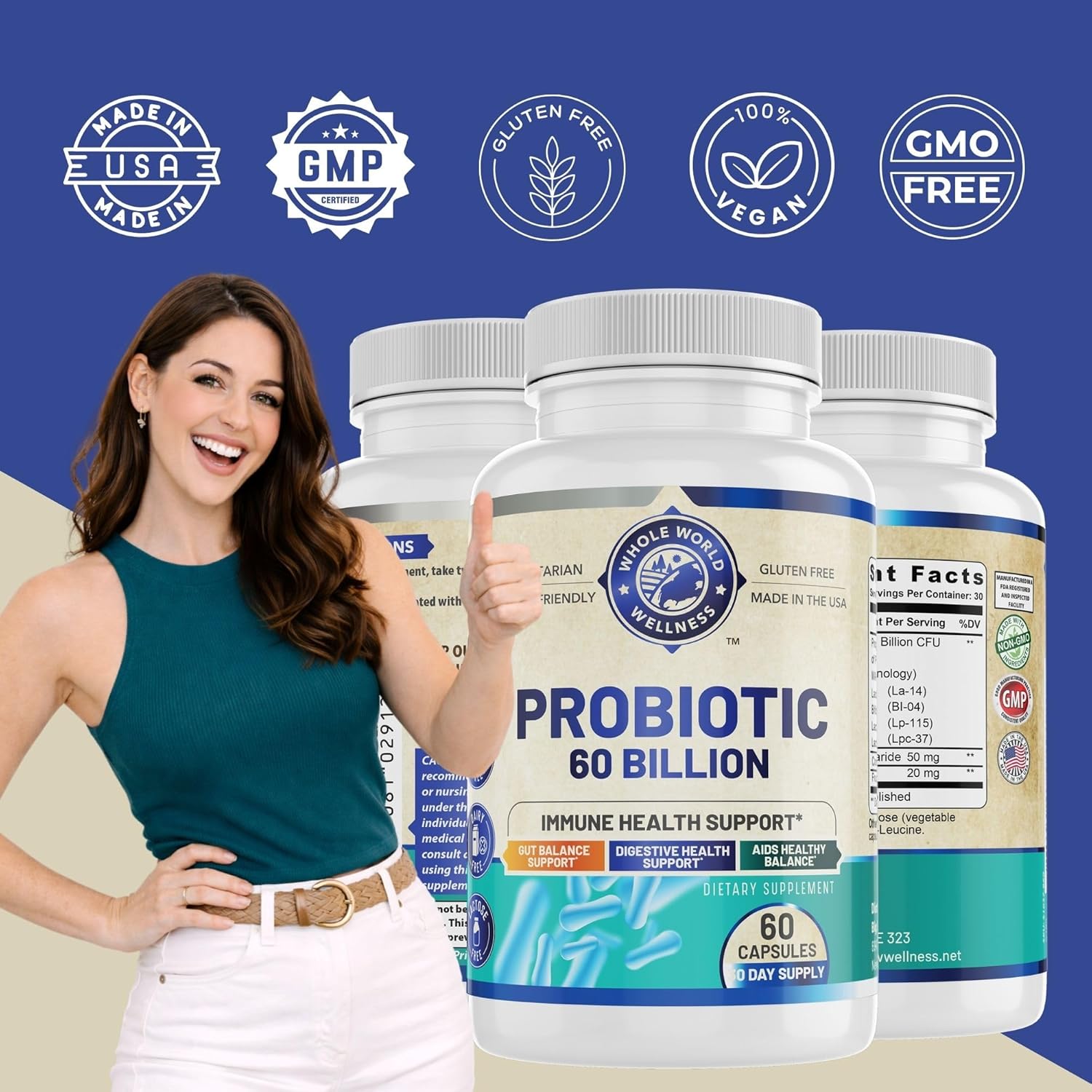 Probiotic 60 Billion CFU/g | Immune, Digestive & Gut Health Support | Supports Constipation, Gas & Bloating | All Natural, Dairy Free, Soy Free | 60 Capsules | Made in The USA.