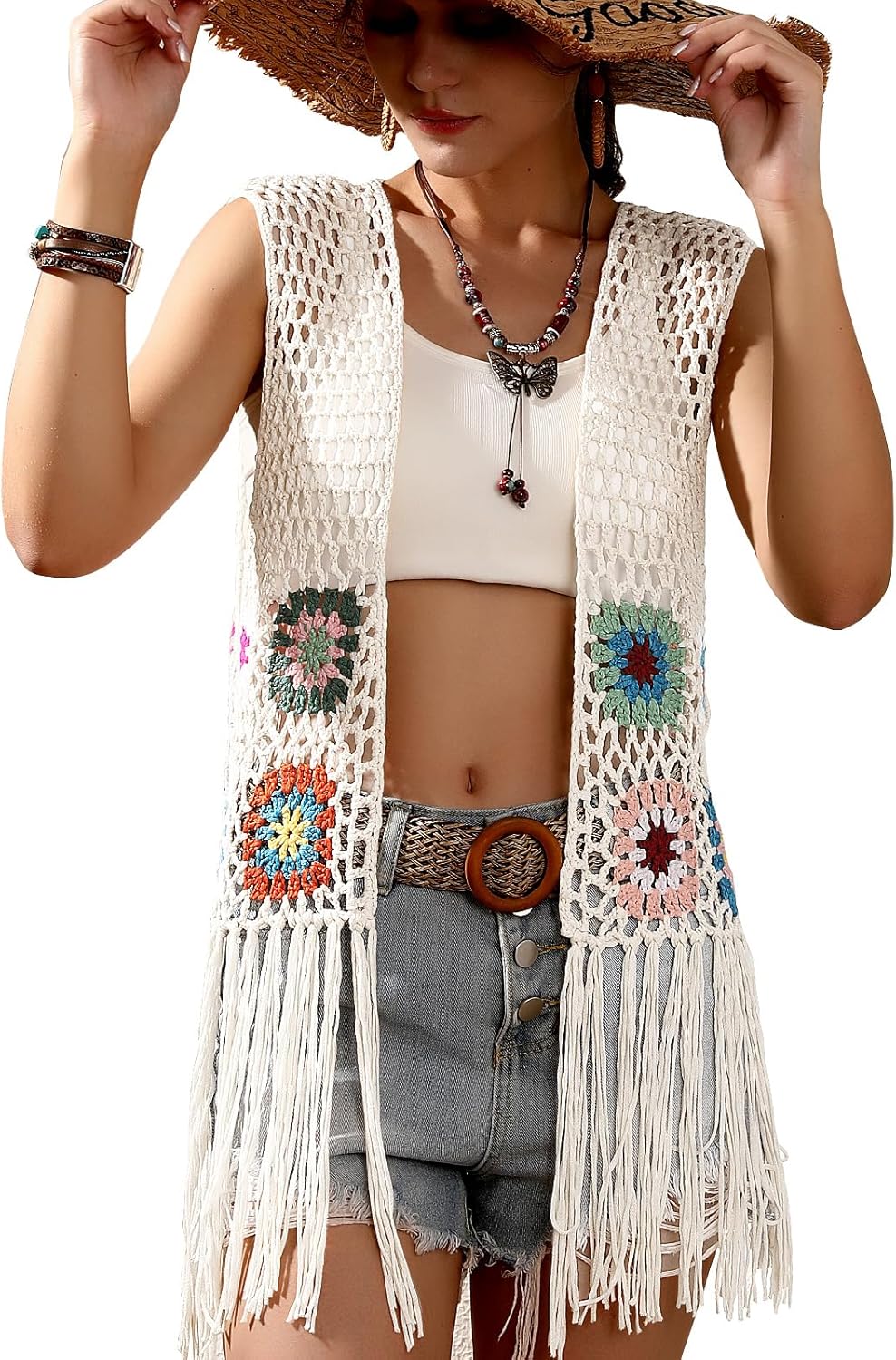 Women's Floral Crochet Hollow Out Sleeveless Fringe Boho Retro-Look Handmade Cardigan Vest Tassels