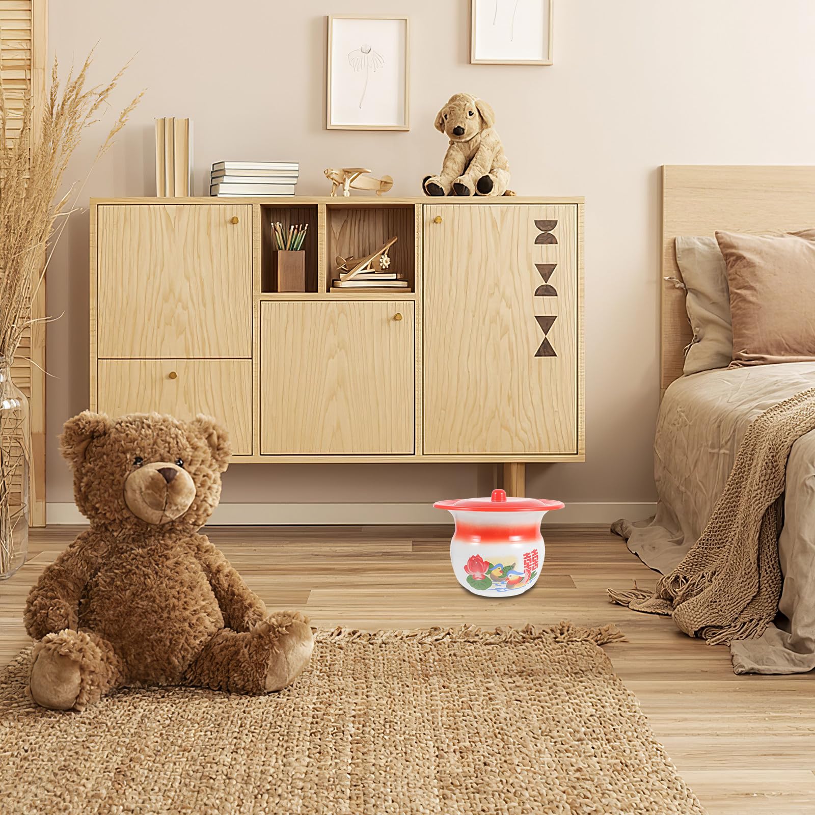 Robustes Kinderurinal aus Eisen mit Deckel und Spucknapf Tragbares und Leicht zu Reinigendes Töpfchen für Zuhause und Schlafzimmer in Rot