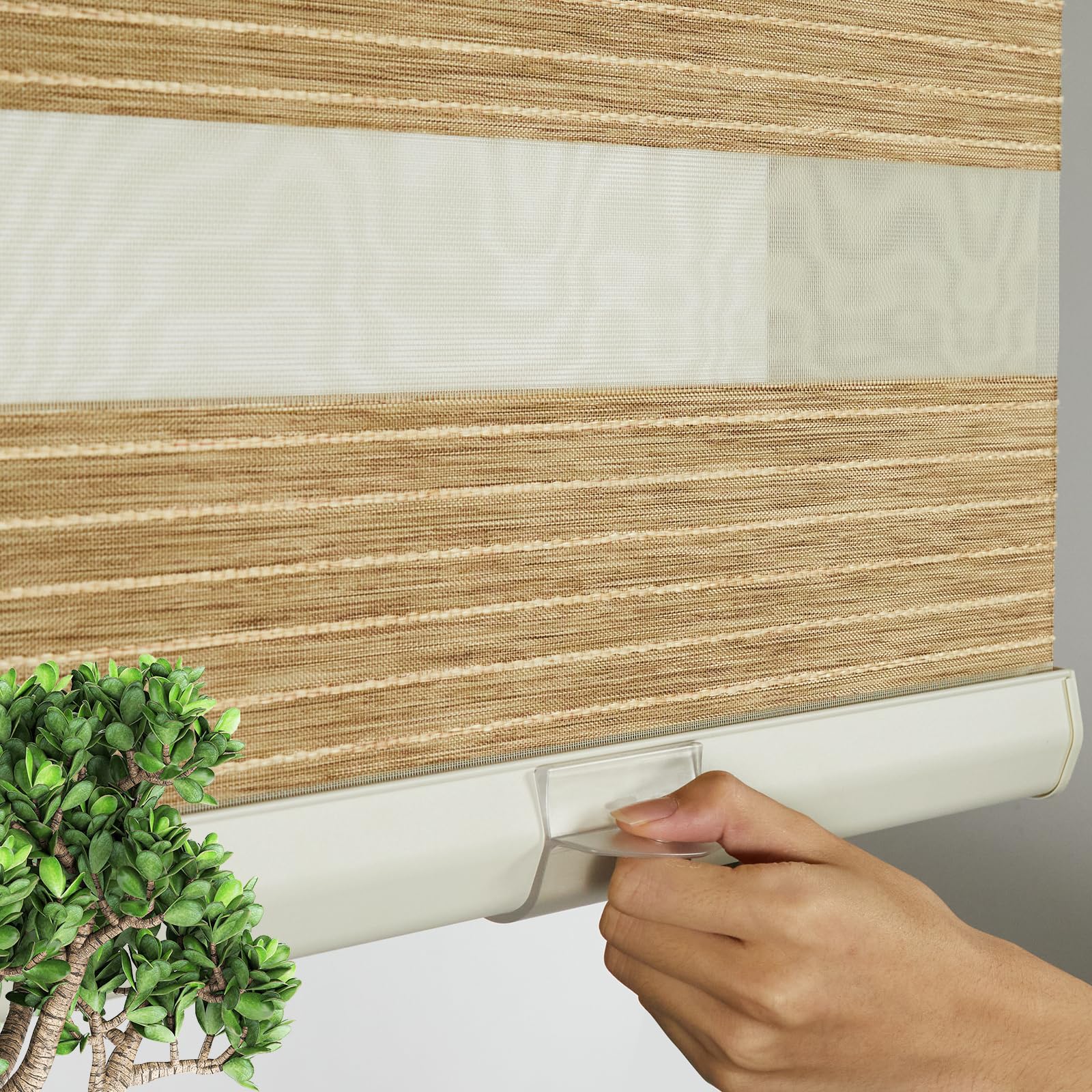 Persilux Natural Woven Faux Linen Cordless Zebra Blinds for Windows Roller Shades Room Darkening Thermal Insulated Free-Stop Blinds for Doors, Home and Living Room, Khaki(28.5