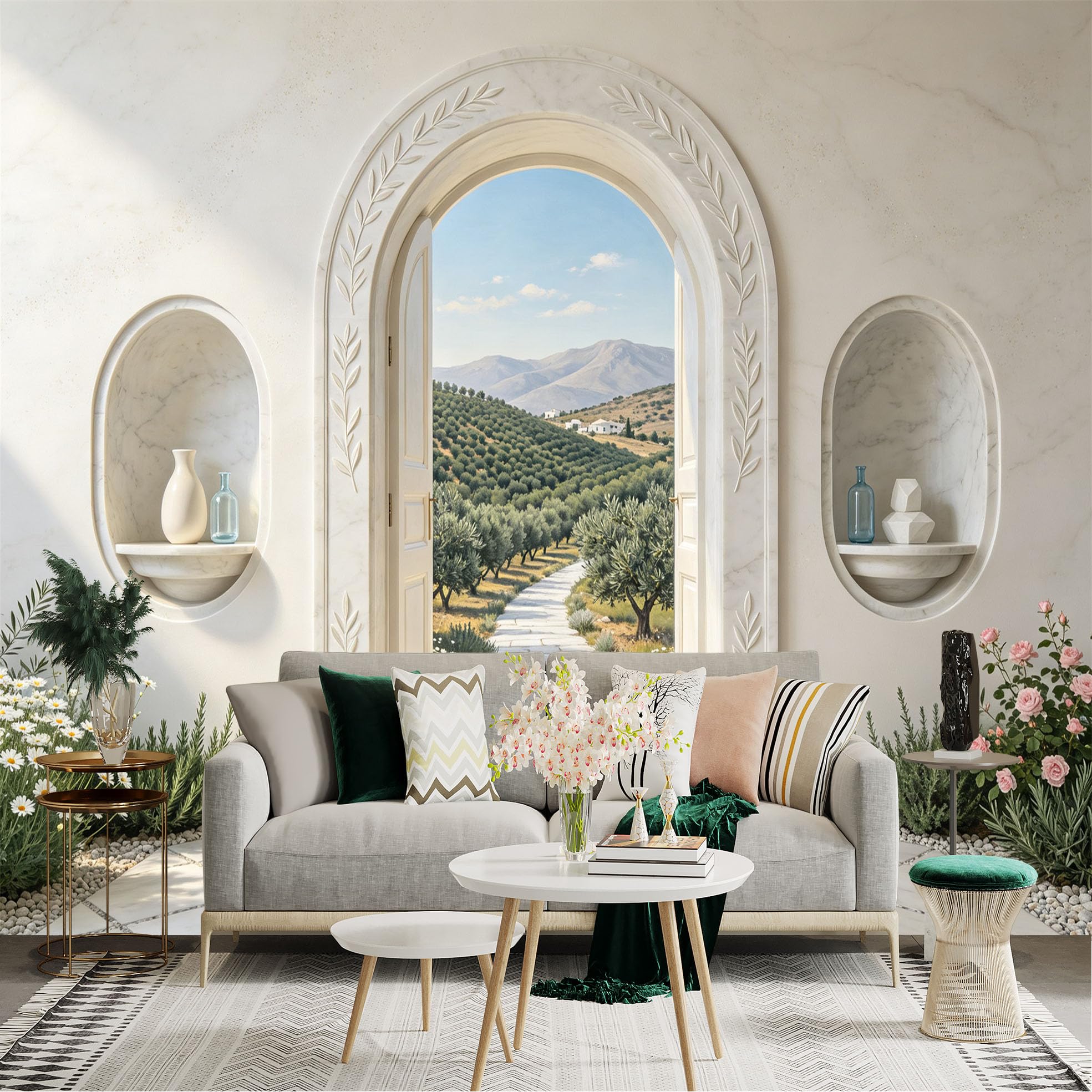 Lnzczhyre Bh260719074 Custom Size Wall Sticker Mural， Mediterranean Stone Archway， Sunny Hillside Landscape， Scenic Countryside View， For Wall Decoration， Peelandstick Wall Decals.