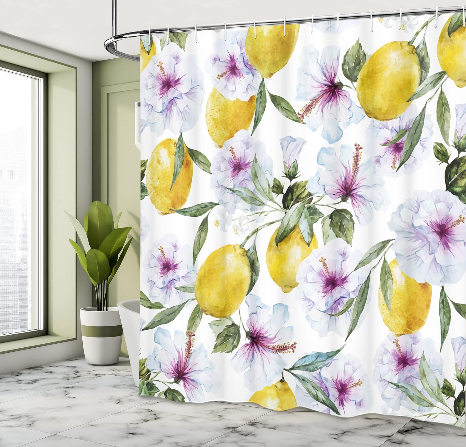 Ambesonne Spring Shower Curtain, Hibiscus Flowers and Big Lemons Watercolor Paint Print Farmhouse Vibe, Cloth Fabric Bathroom Decor Set with Hooks, 69" W x 70" L, Multicolor Yellow Green