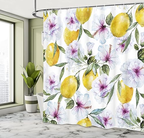 Miniatura 4 de Ambesonne Cortina de ducha de primavera, flores, limones, esencia refrescante, agricultura, cosecha, aroma, acuarela orgánica, juego de decoración