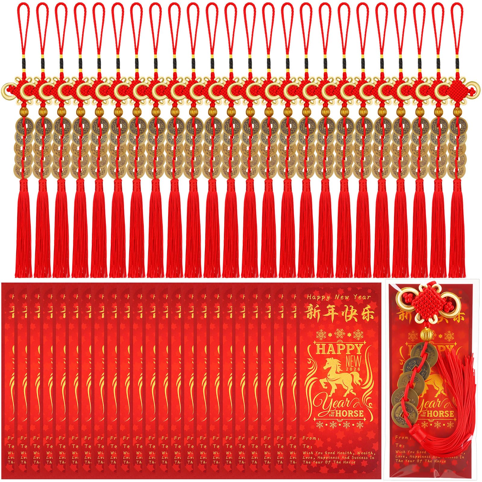 24 Sets Happy Chinese New Year Gifts Bulk Hanging Chinese Lucky Feng Shui Coins Ornaments Red Knot with Inspirational Greeting Cards Clear Plastic Bags for Lunar New Year Wealth Good Luck