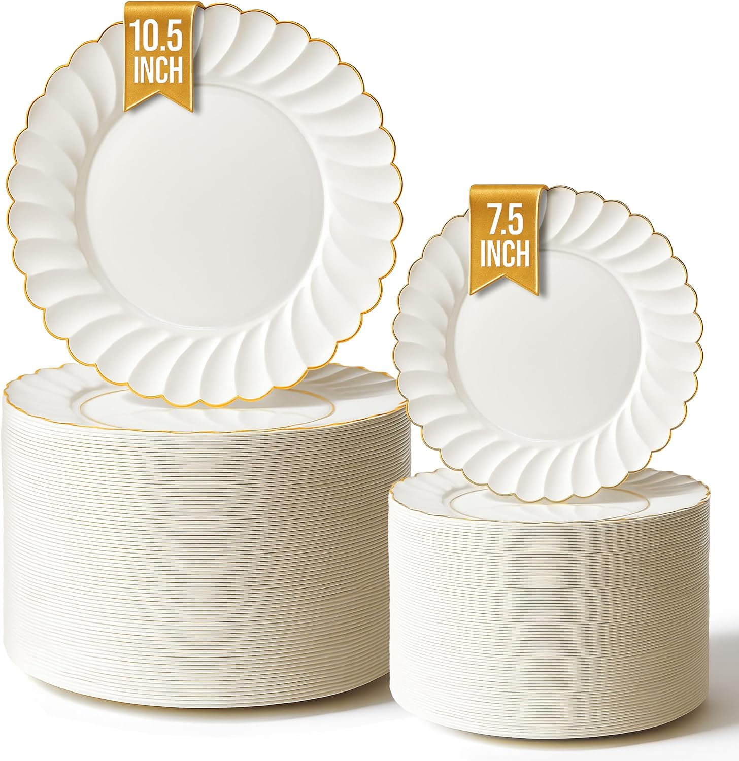 Stock Your Home 100 Pack – Elegant Ivory & Gold Scalloped Plastic Plates – Heavy-Duty Disposable Cream Plates with Gold Rim for Thanksgiving, Holidays, Dinners & Parties