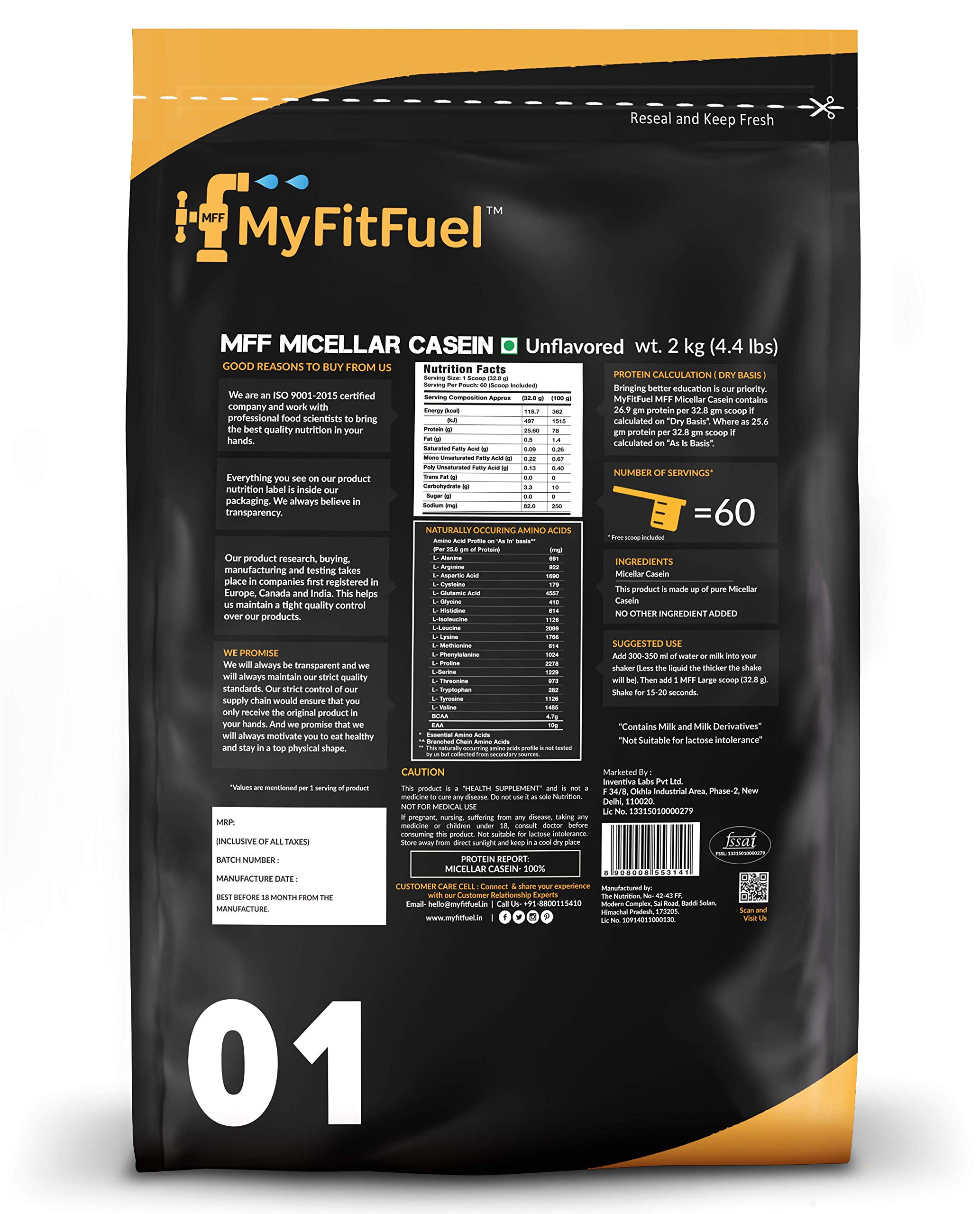 MyFitFuel Micellar Casein Protein Powder | 2 kg, 60 Servings (Unflavoured) | Slow Release Protein 1