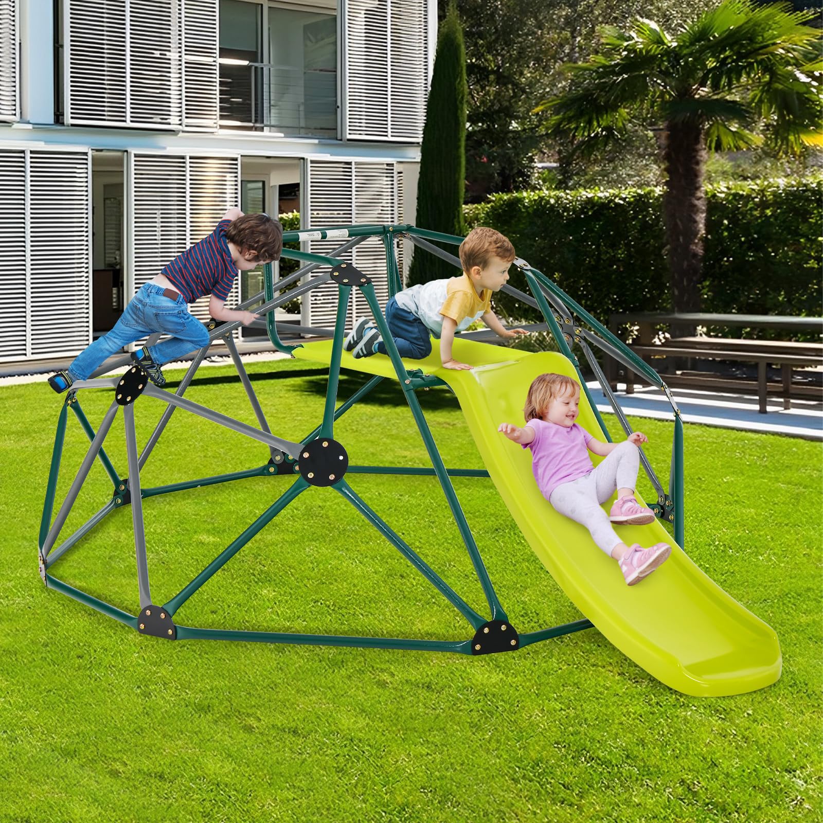 HOMASIS Struttura da Arrampicata per Bambini da Giardino a Cupola, Parco Giochi Esterno con Scivolo e Sedile, Scala da Arrampicata per Bambini dai 3+ Anni, Portata fino a 280 kg (Grigio + Verde)