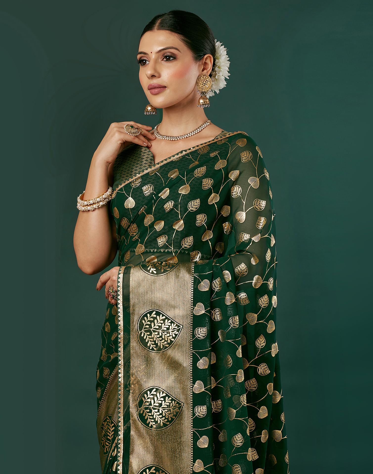 SIRIL Women's Georgette Foil Printed Saree with Unstitched Blouse Piece (4443S340_Dark Green) - Image 5 thumbnail