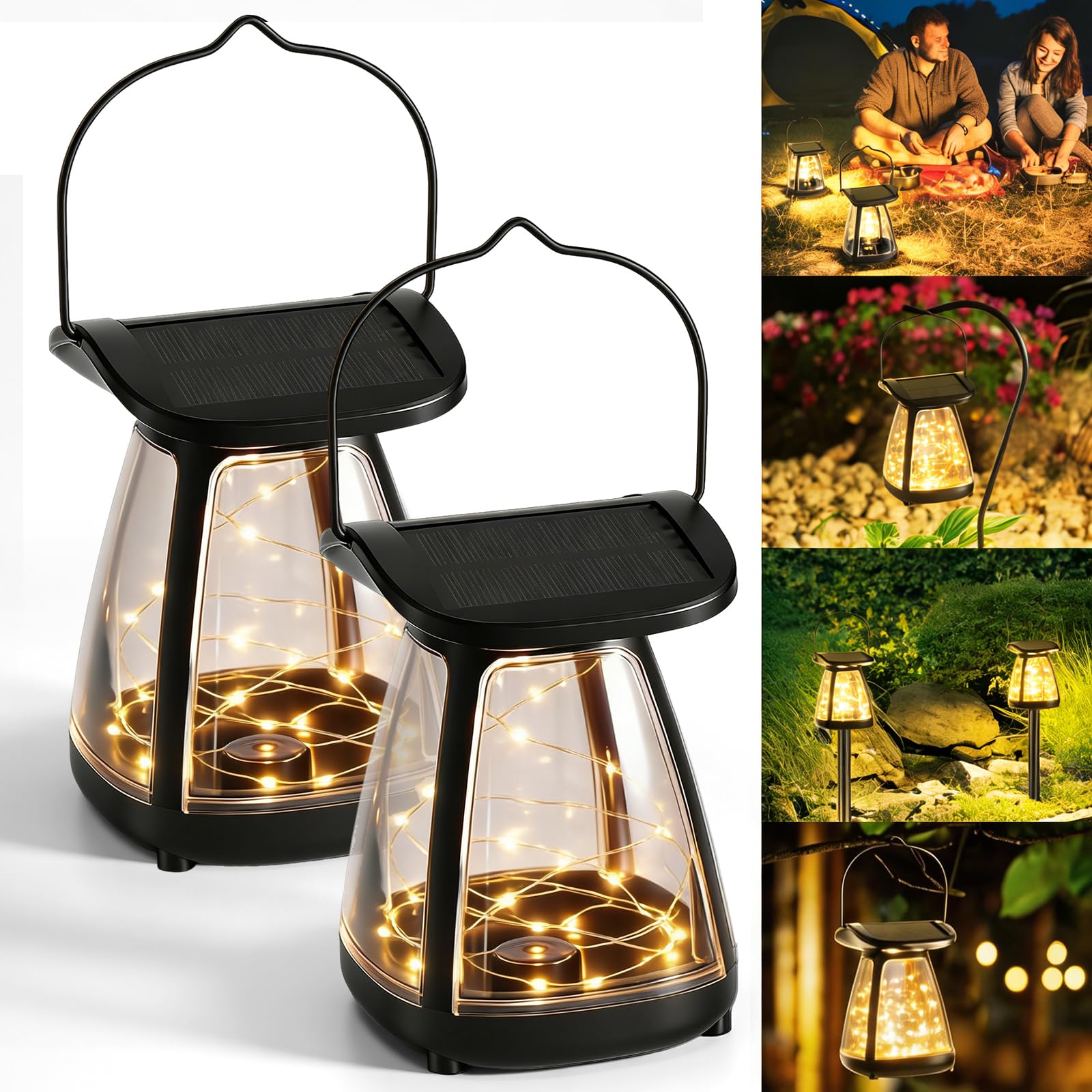 ALLOMN Solar Lights Outdoor Garden, 2 Pack LED Garden Lights Solar Lantern Waterproof with Light String, Warm White Outdoor Pathway Light with 3 Light Modes for Yard Lawn Patio Driveway Decorative