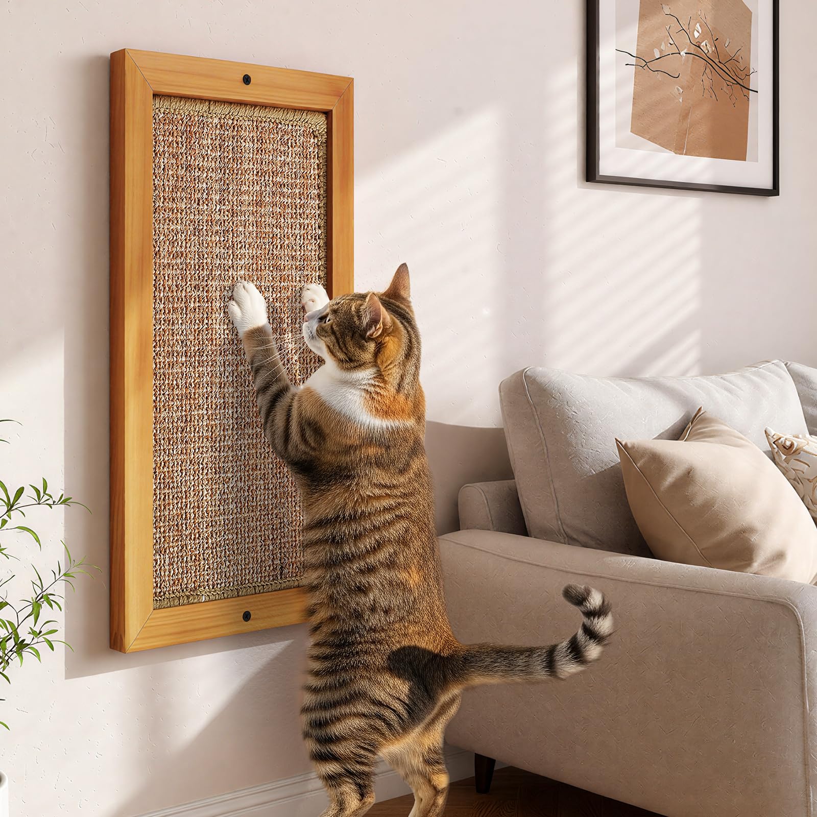 Wall Mounted Cat Scratching Post, Wooden Sisal Panel Scratcher, Natural Wood Frame with Durable Sisal Rope Surface for Cats，Space Saving Wall Furniture for Cats, Protects Furniture from Scratching