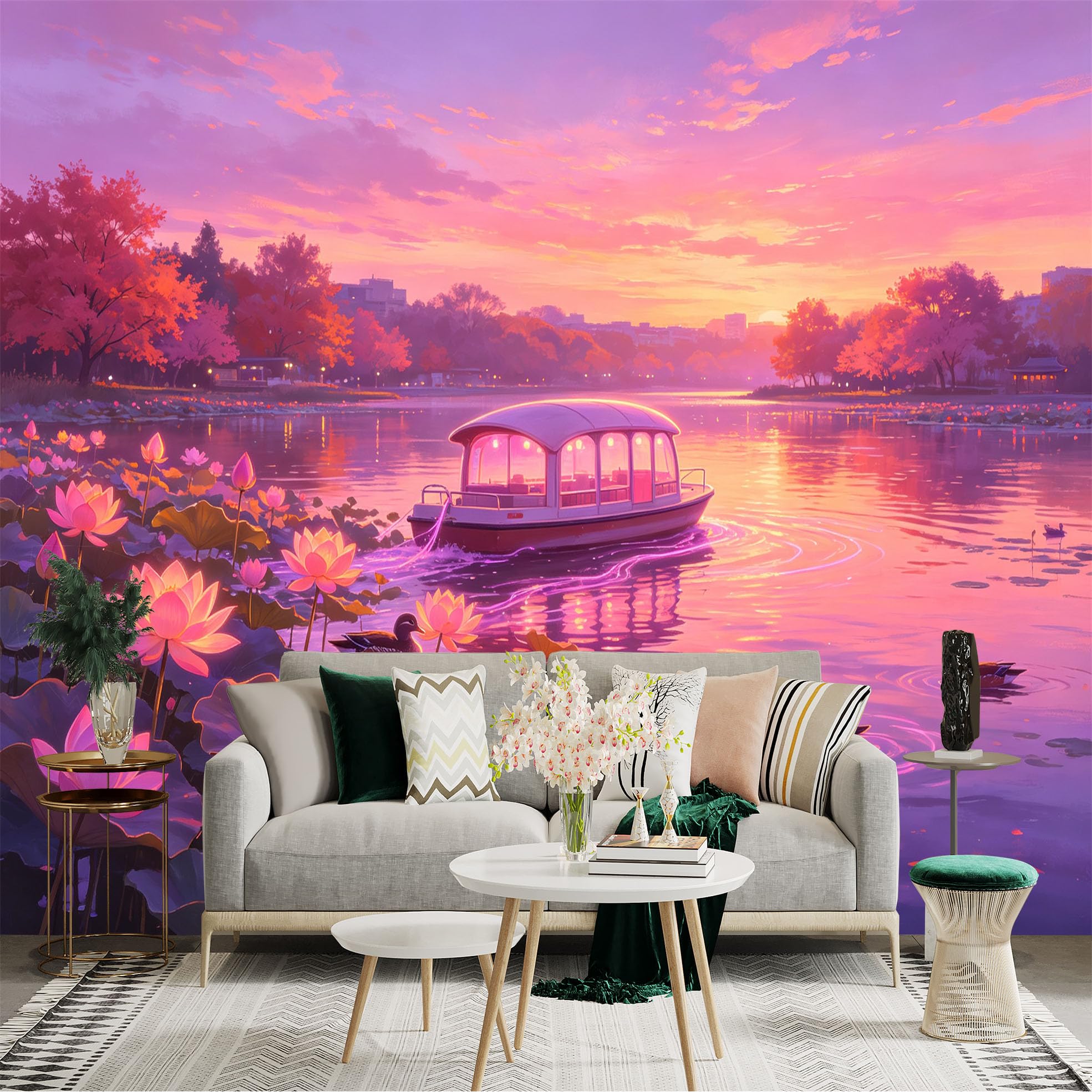Custom Size Wall Sticker Mural， Dreamy Sunset Lake， Floating Boat with Lotus Flowers， Swimming Ducks， for wall Decoration， peelandstick wall Decals.
