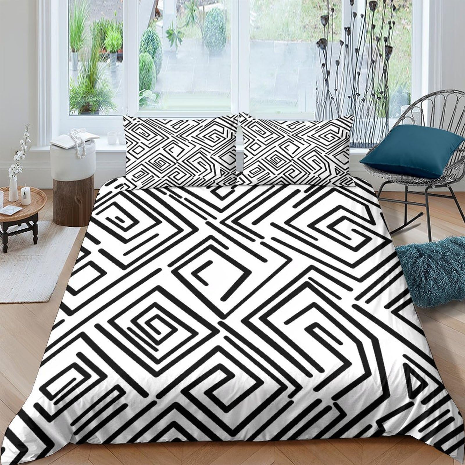 GPLZQXKJNH 3D Printed Geometric Maze Duvet Cover Set Microfiber Soft Breathable Abstract Lines Bedding Set with 2 Pillowcases for Bedroom Decor Single（135x200cm）