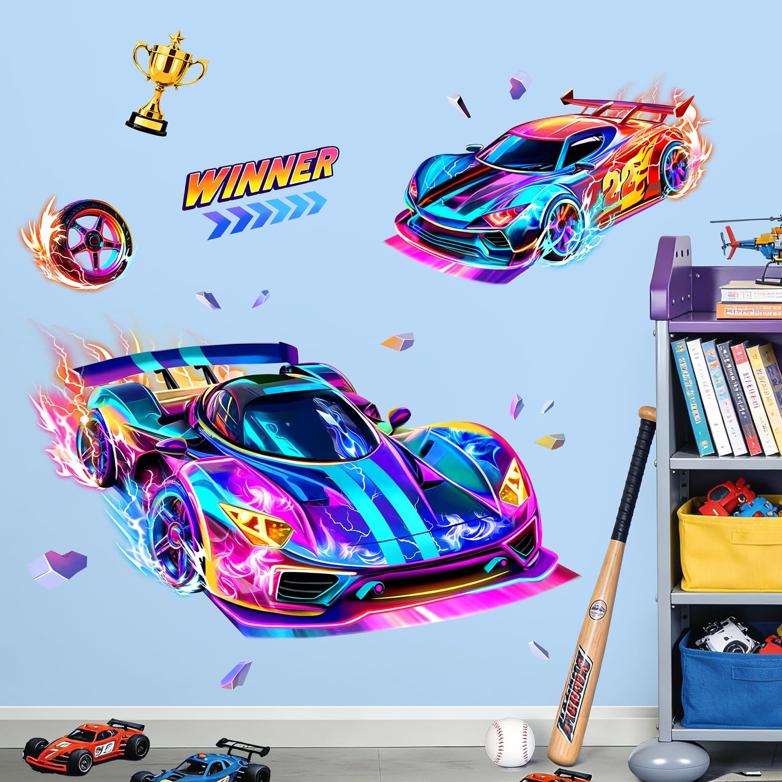 decalmile 3D Racing Car Colorful Vehicles Playroom Wall Decals Stickers