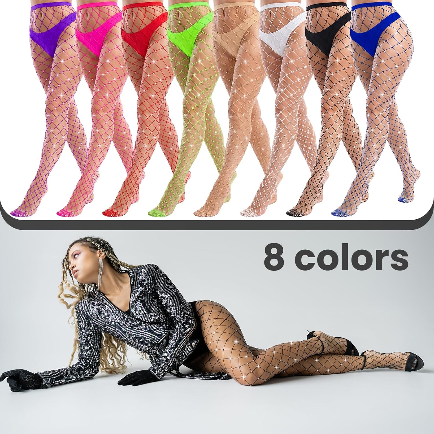 8 Pairs Color Fishnet Stockings for Women, Rhinestone Lace Tights High Waist Diamond Stockings Leggings - Image 6