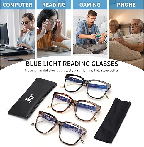 Miniatura 7 de JM - Paquete de 3 lentes de lectura cuadrados clásicos para mujeres y hombres, retro a la moda, de gran tamaño, con bloqueo de luz azul
