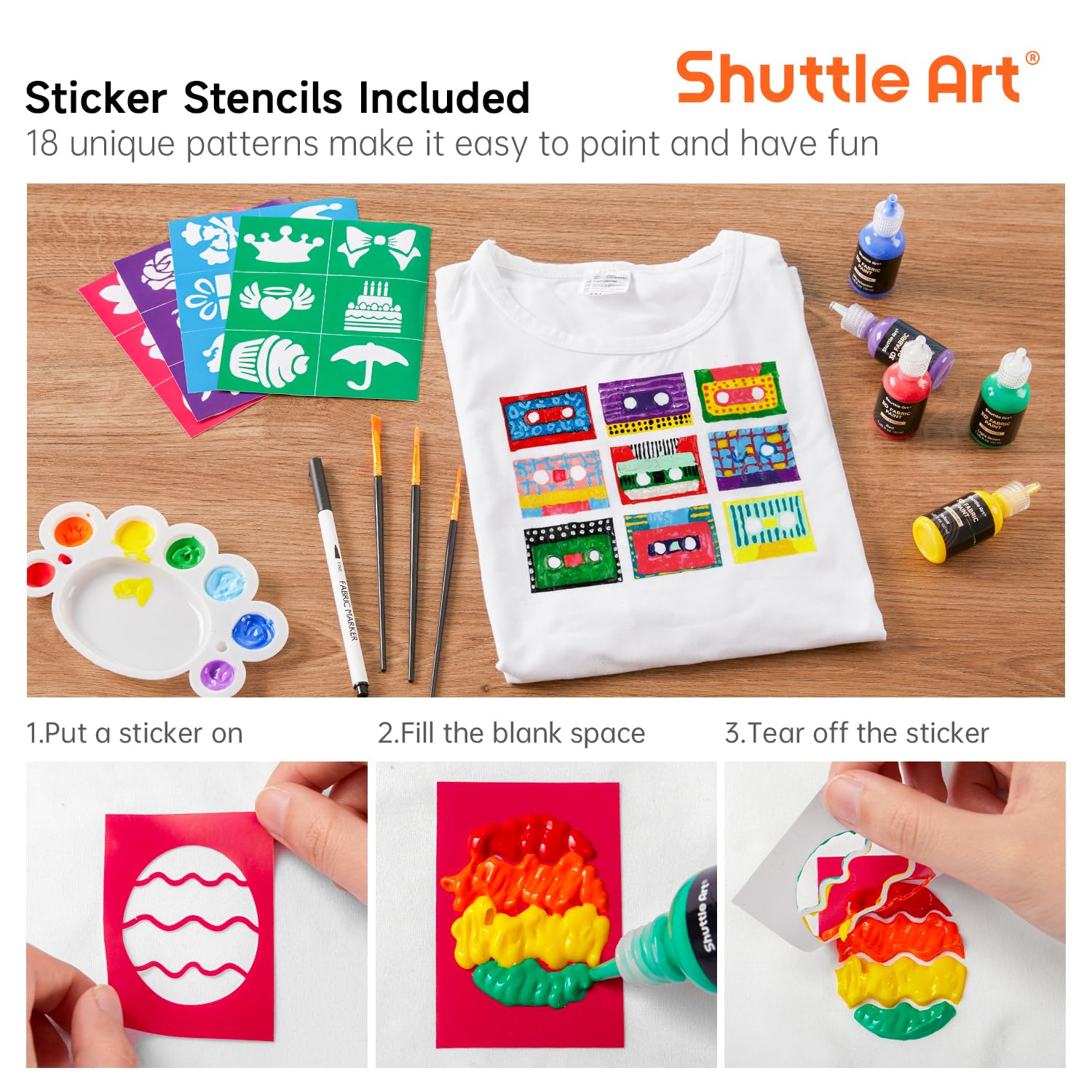 Shuttle Art Fabric Paint Set, 45 Colors 3D Permanent Paint with Brushes Palette Pen Fabric Sheet Stencils, Glow in The Dark, Glitter,Metallic Colors for Textile Fabric T-shirt Jeans Glass - Image 5