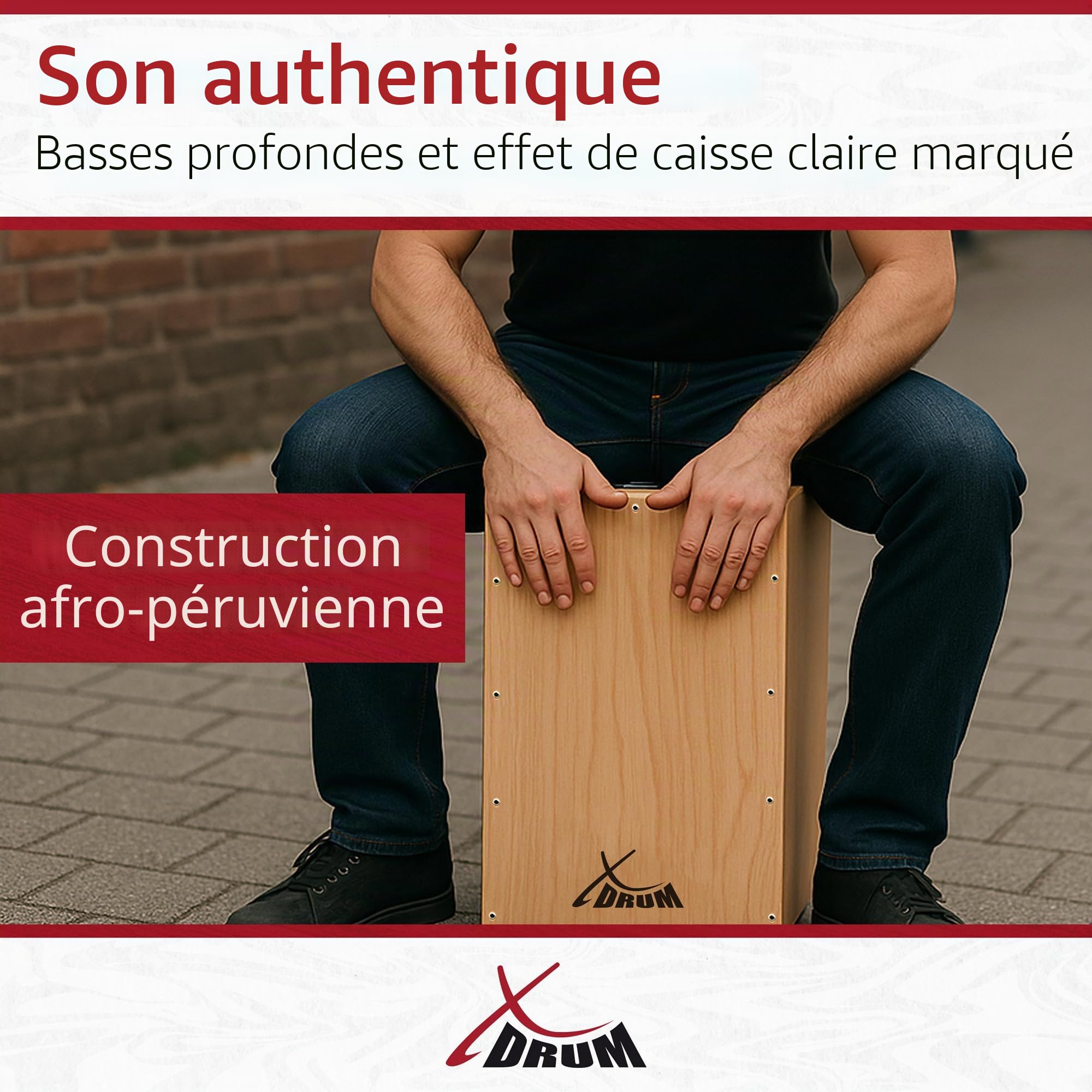 XDrum Cajon Primero Naturel incl. école de cajon et sac, Corps: tilleul | Surface de frappe: tilleul, Face avant vissée, Construction afro-péruvienne, Trou de son à l’arrière, Poids: 3, 9 kg