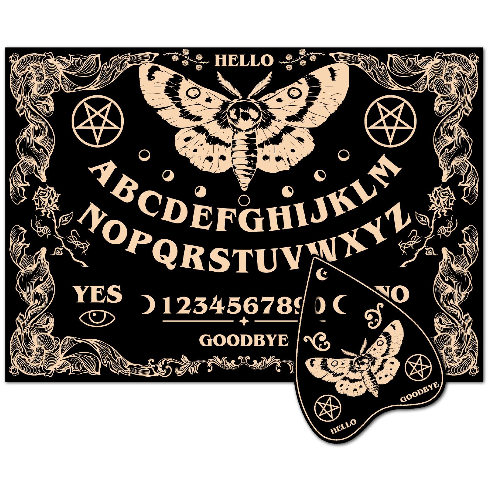 CREATCABIN Moth Pendulum Board Divination Board Set Black Wood Insects Star Flowers Dowsing Metaphysical Message Ghost Hunt Spirit Talking Kit with Planchette for Witchcraft Altar Supply 11.8" x 8.3"