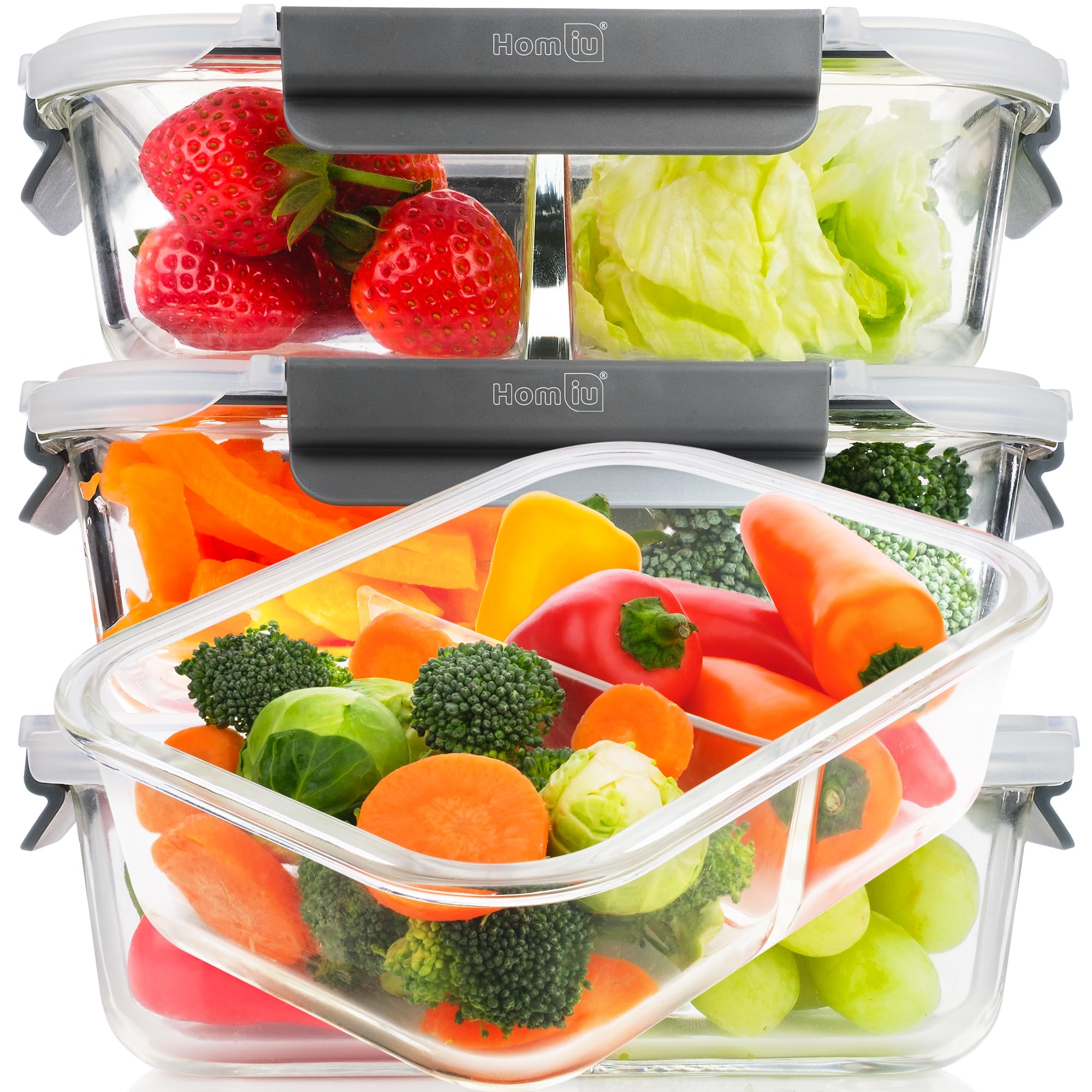 Homiu Grey Meal Prep Glass Containers With Lids (3 Pack) – 2 Compartment – Airtight & Bpa-Free – Oven, Microwave, Freezer And Dishwasher Safe – 960Ml – Durable Borosilicate Glass