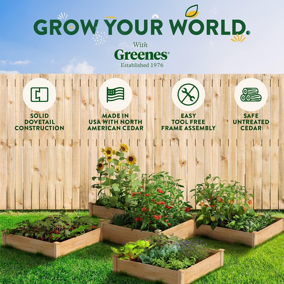 Greenes Fence Premium Cedar Raised Garden Bed, 80 Sq. Ft. 12' x 12' x 10.5-14" (3/4" Thick) - Made in USA with North American Cedar