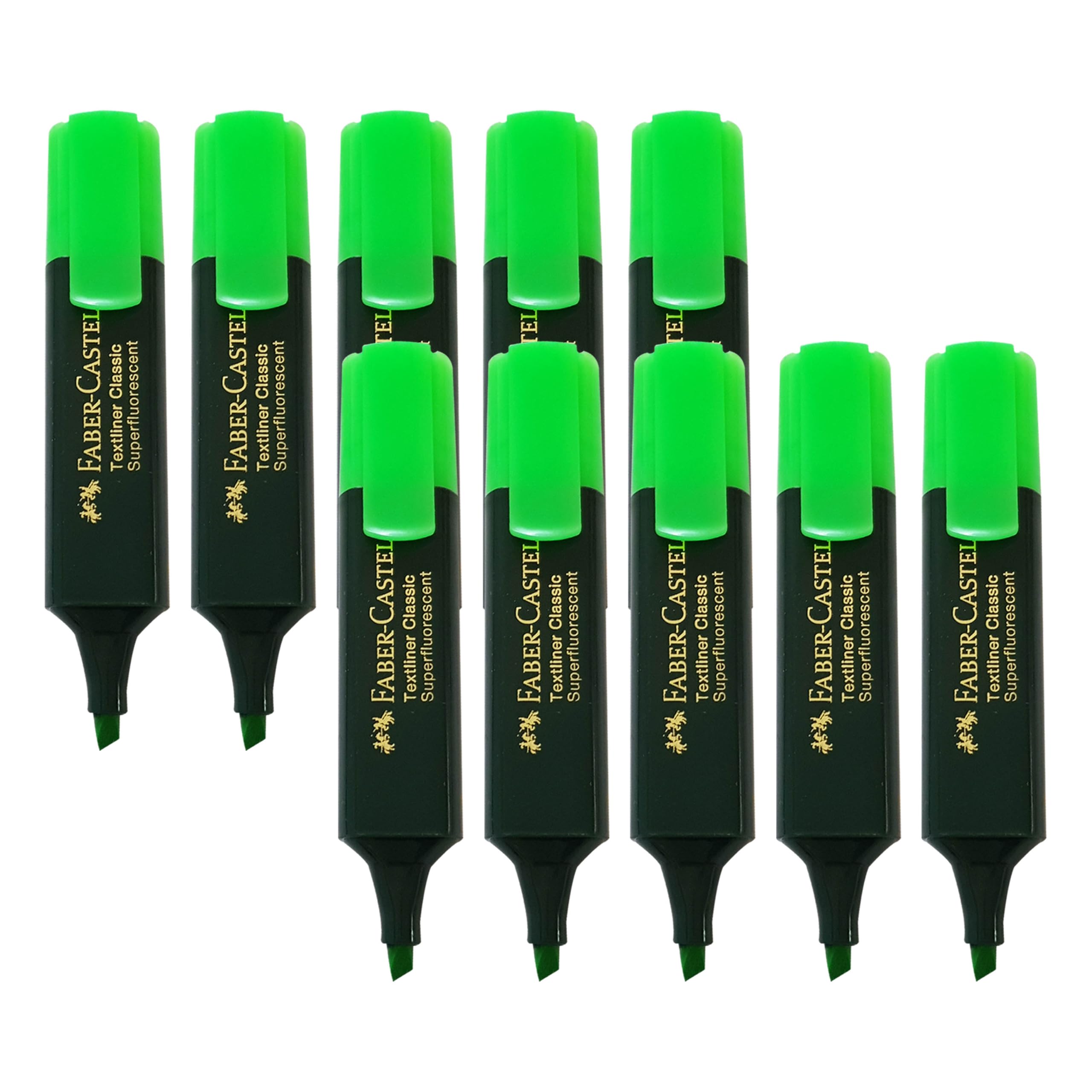 Faber-Castell Textliner Classic Highlighter Pens, GREEN, Pack of 10, Chisel Tip (1-5.0mm), Fast-drying, Fluorescent Colours, Clear Marking, Ideal for School Office Home Use