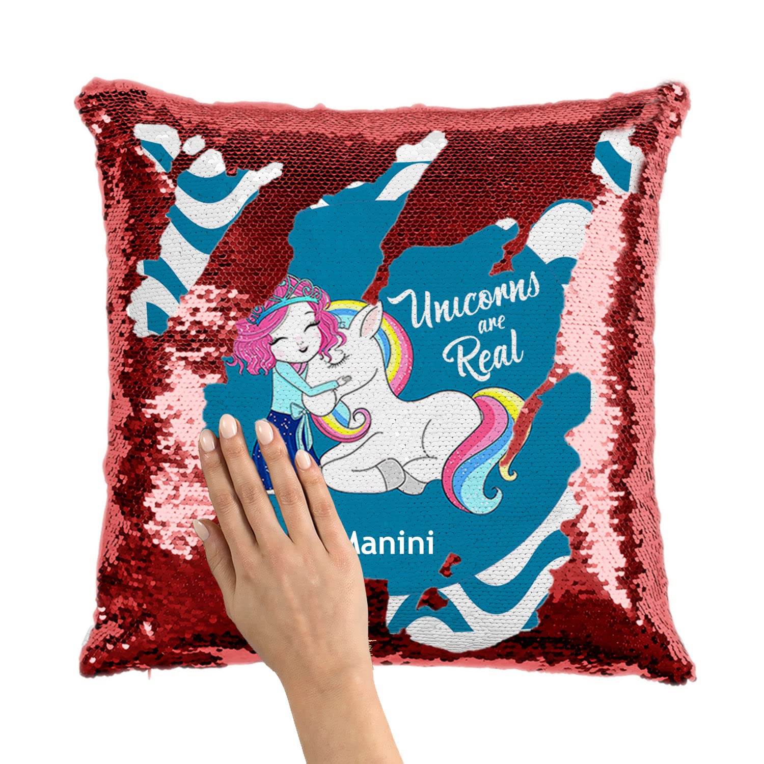 ASHVAH Manini Name Unicorn Red Sequins Magic Cushion Cover with Filler - Best Happy Birthday Gift for Daughter, Sister, Gift for Kids, Return Gift - Color - Blue - Size - 16 x 16 inches