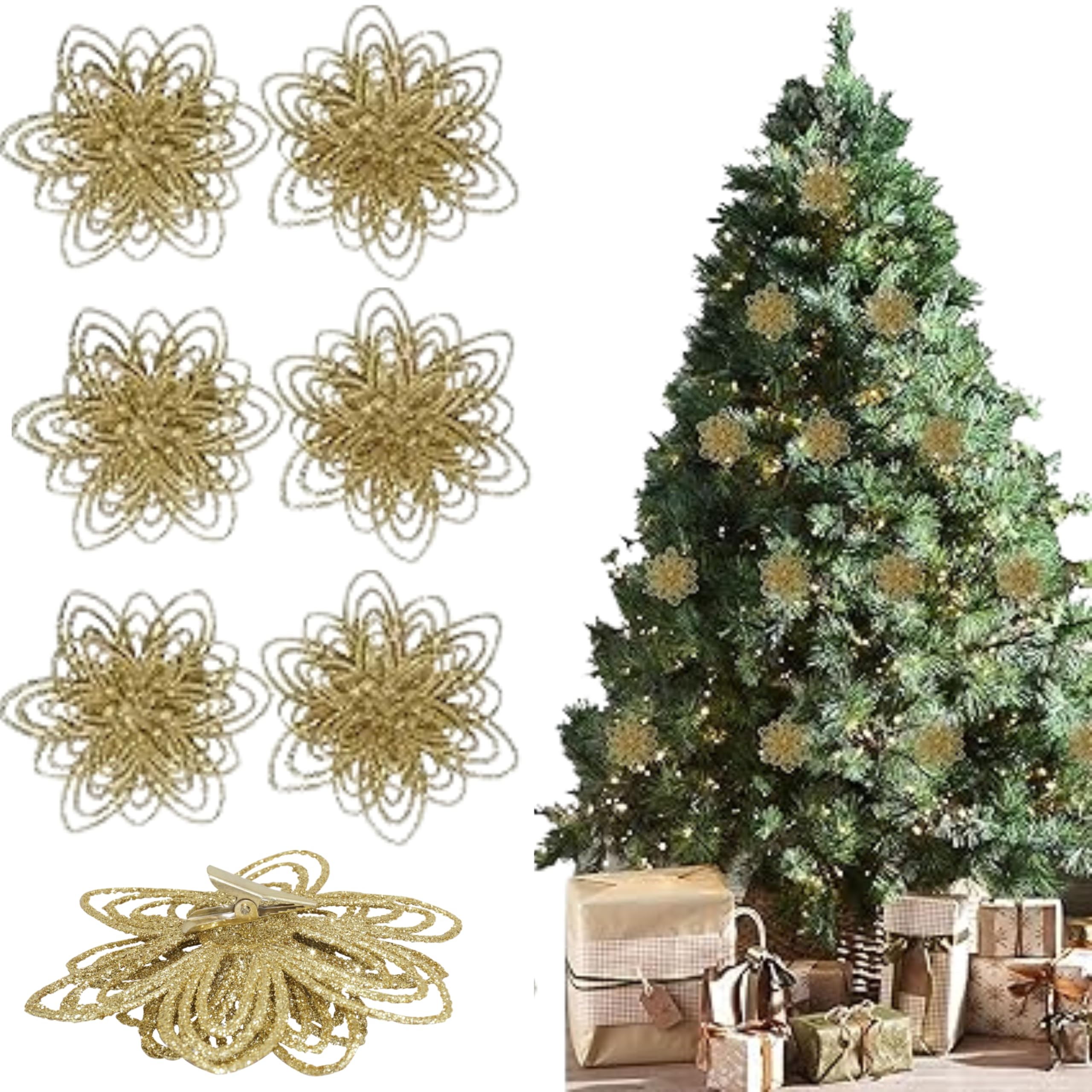 Srv Hub Gold 6X Glitter Poinsettia Christmas Tree Decorations – Artificial Clip-On Flowers For Xmas Tree, Wreaths, Garlands & Home Décor – Sparkling Christmas Ornaments For Holiday Decoration