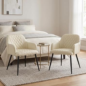 Leather Accent Chair of 2 for Living Room Guest Chairs Beige White