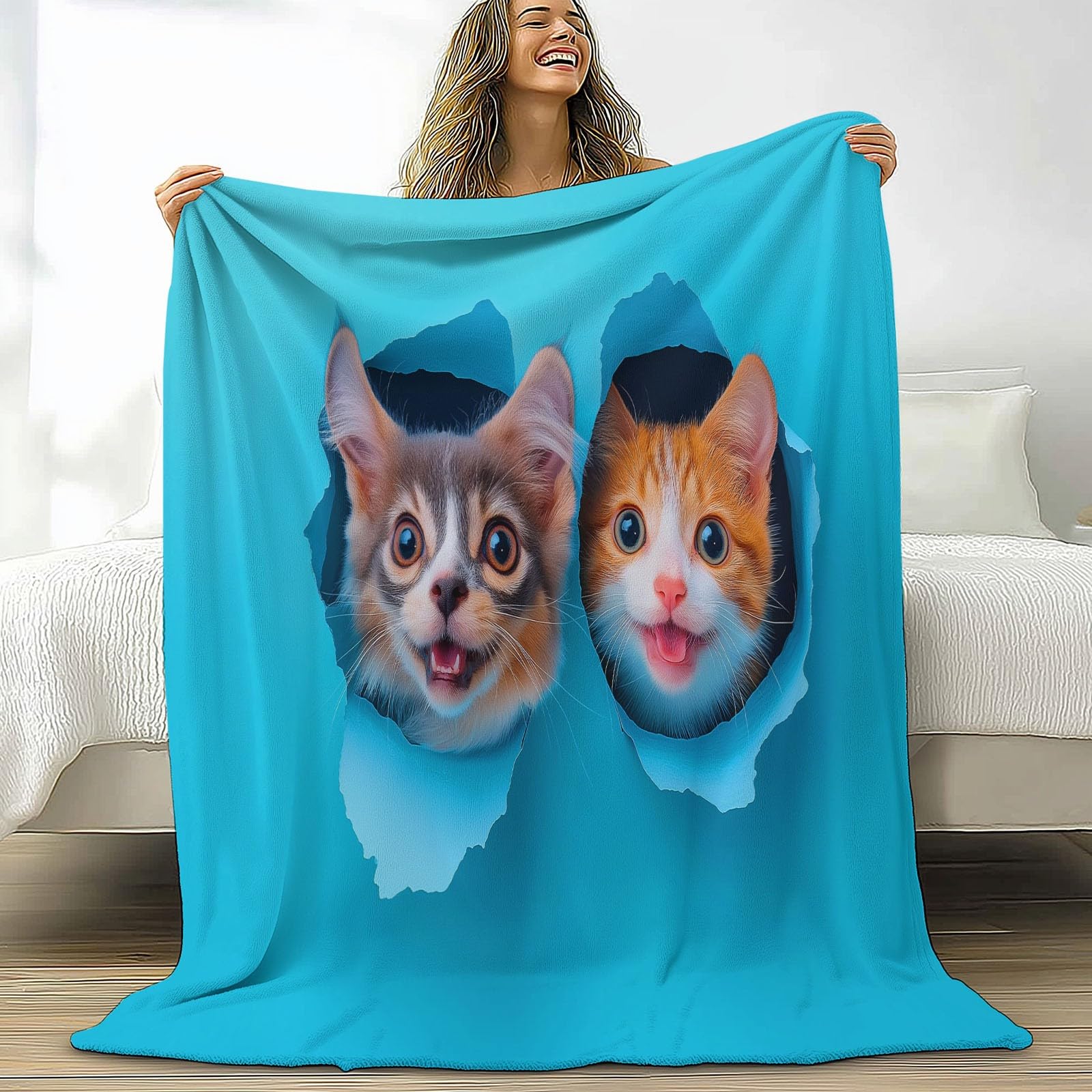 Koc polarowy z mikrofibry 220 x 240 cm, zwierzęta koty i psy dla graczy 3D, miękki nadruk, pluszowy koc, odpowiedni dla dorosłych i dzieci, kemping, niebieski