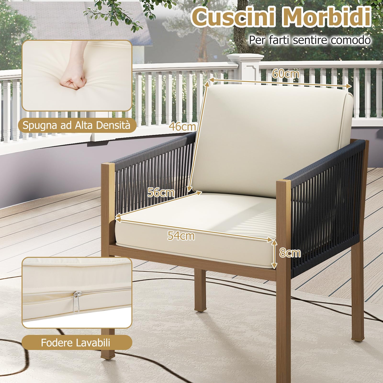 COSTWAY Set Salotto da Giardino 3 Pezzi, Set Conversazione con Tavolo e 2 Sedie, Corde Intrecciate e Cuscini, Struttura in Metallo Resistente, Tavolo e Sedie per Patio, Balcone, Terrazza e Giardino