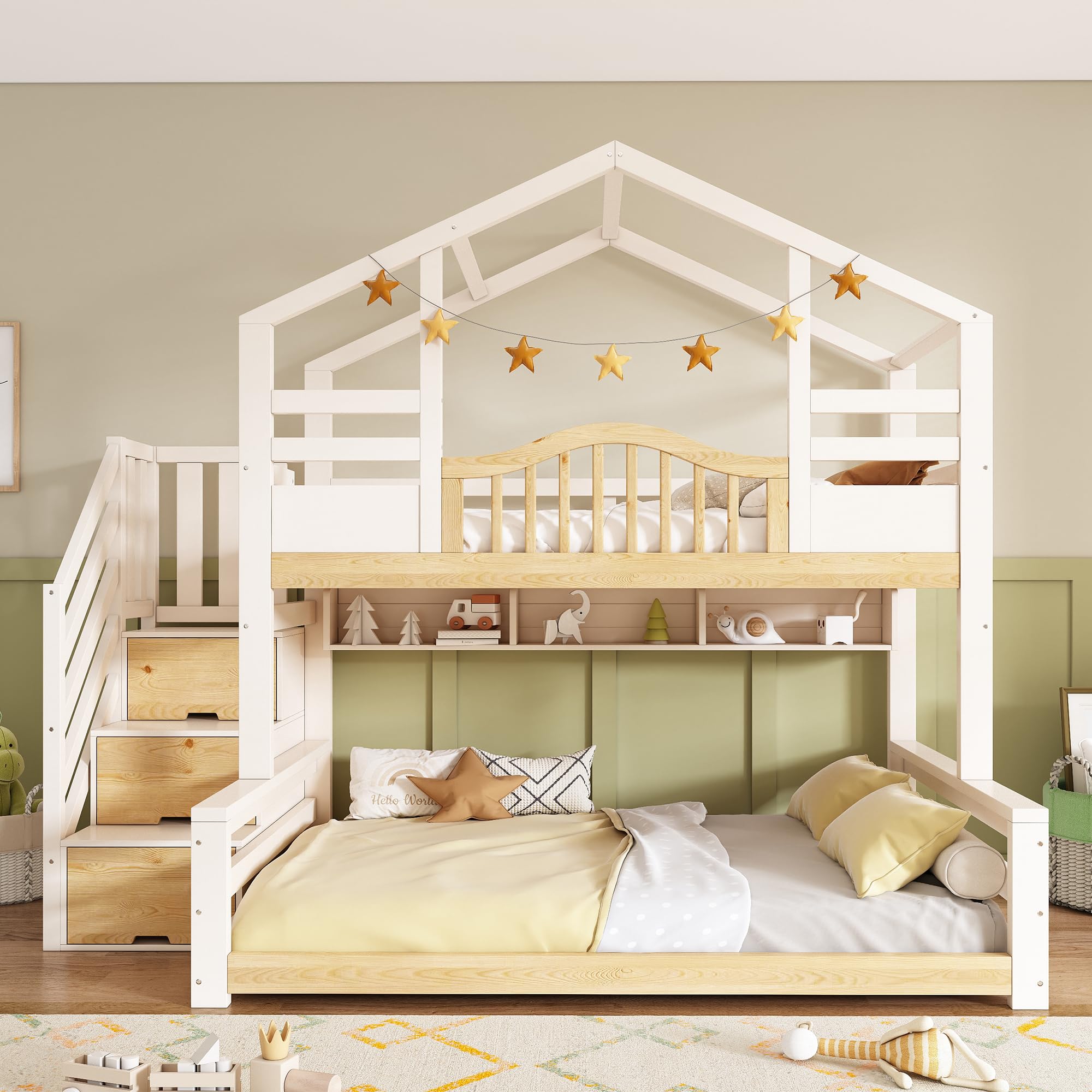 Hochbett Etagenbett 90x200cm&140x200cm mit Treppenschrank, Kinder Hausbett mit Dach und Geländer, unteres Bett mit drei offene Regale, Kinderbett für 2 Kinder, Massivholz (Weiß&Natur, 90/140 x 200 cm)