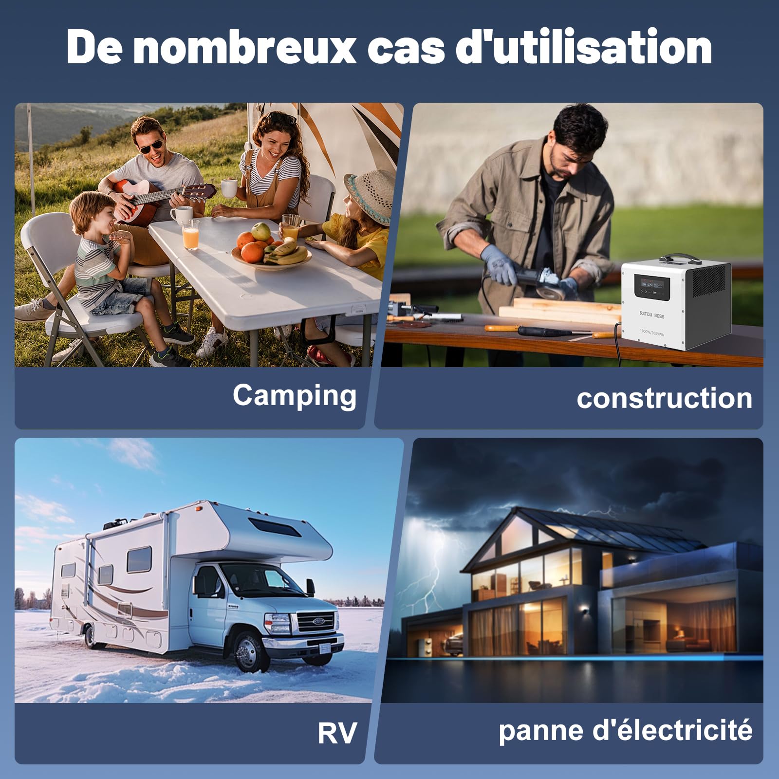 DATOUBOSS Powerstation Portable 2009Wh, Batterie LiFePO4, 1000W Nominale/1500W Pic, Charge Rapide 1000W en 2,5h, Solaire MPPT 550W, UPS <20ms, Onde Sinusoïdale Pure, Camping Pannes de Courant